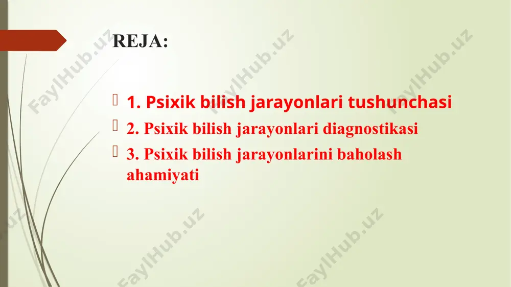 atish. fikrlash – muammolarni hal qilish, mantiqiy bog‘liqliklarni tushunish va qaror qabul qilish qobiliyati. nutq – insonning o‘z fikrlarini ifodalash va tushunish qobiliyati. 2. psixik bilish jarayonlari diagnostikasi 2.1. idrok (perseptsiya) diagnostikasi idrok (perseptsiya) – bu insonning atrof-muhitdagi ob’ektlarni sezgi organlari orqali qabul qilish, tushunish va talqin qilish jarayoni. bu jarayon insonning ko‘rish, eshitish, hid bilish, ta’m bilish va sezish kabi analizatorlari yordamida amalga oshadi. idrok xotira, tafakkur va e’tibor bilan chambarchas bog‘liq. 🔹 g. shultse testi – obyektlarni idrok qilish tezligini o‘lchash. 🔹 gottschaldt yashirin figuralar testi – barcha elementlarni ko‘rib, umumiy shaklni topish qobiliyatini baholash. 🔹 muvofiqlik testi – insonning rasm va ranglar o‘rtasidagi bog‘liqlikni tushunish qobiliyatini tekshirish. 3. idrok diagnostikasi nima uchun muhim? idrok diagnostikasi turli yoshdagi insonlarning: 📌 o‘quv qobiliyatlarini baholash 📌 nutq va kognitiv rivojlanish darajasini aniqlash 📌 neyropsikologik muammolarni erta aniqlash 📌 sensor buzilishlarni aniqlash va korreksiya qilish uchun muhim hisoblanadi. agar bola yoki …