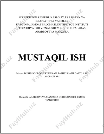 burun chipqoni klinikasi tashxislash davolash asoratlari — DOCX