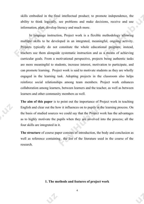 d out by pupils complex of the actions, finished with creation of a creative product. the work with the projects teacher can realize in groups and individually. it is necessary to note, that the method of projects helps children to seize such competences as: to be ready to work in collective, to accept the responsibility for a choice, to share the responsibility with members of the team, to analyze results of activity. according to polat e.s., a method is a didactic category, a unity of techniques, of operations, aiming to master some field of practical or theoretical knowledge, or some skill. it’s also a way of cognition, a way of organization of the process of cognition. that is why, when we speak about the method of projects, we mean the way of achieving the aim through the detailed elaboration of the problem[footnoteref:1].the method of projects is based on the idea, …