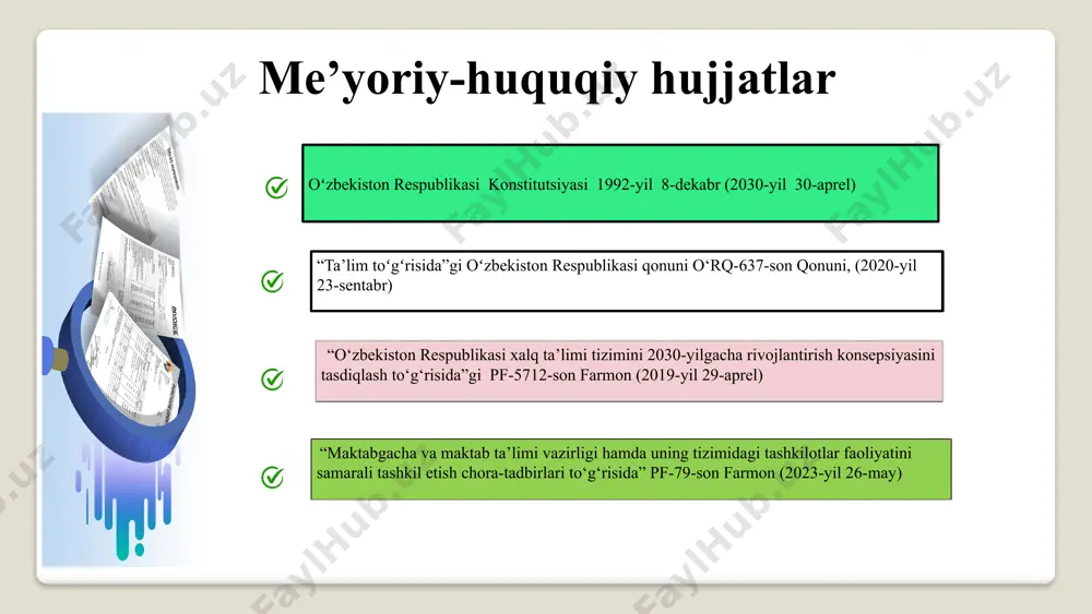 g boshida xodimlar bilan hamkorlikda maktabning taraqqiyot strategiyasini yaratish. maktab rahbari, o’ibdo’, mb rahbarlari har oyning oxirida bu tizimlar xodimlarning o‘z vazifalarini qanday bajarishini, talablar va o‘zlashtirishlari, shuningdek, ish faoliyatidagi mukofotlarni baholashga qaratiladi. baholash mezonidagi ko‘rsatkichlar orqali choraklik va yillik monitoring olib borish. 2 darslarni kuzatishning zamonaviy usullarini joriy qilish. (“flipped classroom”- “teskari dars”, “design thinking”- “dizayn fikrlash” kabi.) o‘zaro dars tahlillarini shakllantirish va har hafta oxirida dars tahlillari asosida tanqidiy-tahliliy yig‘ilishlar o‘tkazish. maktab rahbari , o’ibdo’, mb rahbarlari har hafta pedagoglarning o‘zaro fikr almashishi orqali bilimlari kengayadi va ta’lim sifati oshiriladi. kuzatilgan muammolarni hal qilishning yangi usullarini sinab ko’rish; 3 xodimlarning ish faoliyatlarini elektron tahlil qilish. bunga ish vaqti, ish jadvali, bajarilgan ishlar va natijalar kiritiladi. (google tablitsa dasturi orqali.) elektron tizim orqali xodimlarning reytingini aniqlanadi. maktab rahbariyati va pedagog xodimlar har chorakda yaxshi natijaga erishgan xodimlar rag‘batlantiriladi. past natija ko‘rsatgan xodimlarni o‘z ustida ishlashlari uchun motivatsiyalar beriladi. e’tiboringiz …