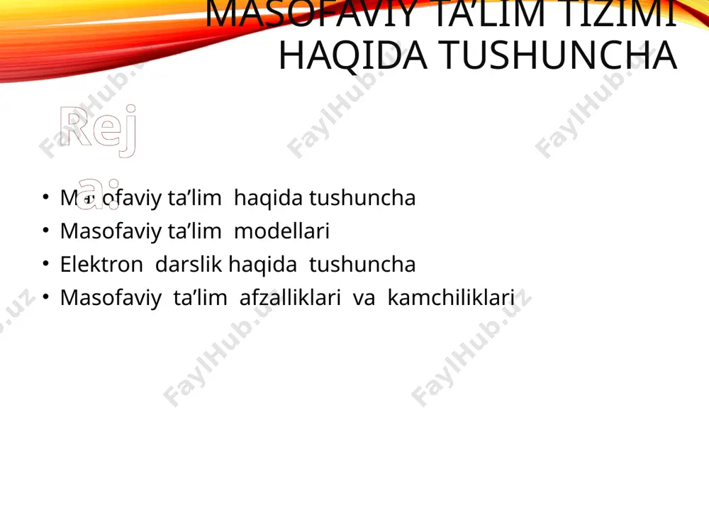 lan ishlash uchun yaratiladi. ikkala guruhda bir xil o`quv dasturi va darslar jadvali, imtixonlar va ularni baxolash mezonlari mavjud. aralashgan model. ushbu model masofaviy va kunduzgi ta'lim turlarini integratsiyalashtirish uchun yaratiladi. o`quvchilar o`quv kursning bir qismini kunduzgi, boshqa qismini esa masofadan o`qiydi. shu bilan birga bu ta'lim turiga virtual seminar, prezentatsiyalar va lektsiyalar o`tkazish ham kiradi. masofaviy ta’lim modellari konsortsium.bu ikkita universitetlarni bir biri bilan birlashini talab qiladi. ushbu muassasalardan biri o`quv kurslarni tashkil qilib ishini ta'minlasa, ikinchisi esa ularni tasdiqlab, kurslarga o`quvchilarni ta'minlaydi. franchayzing. ikkita universitetlar bir biri bilan o’zlari yaratgan o`quv kurslar bilan almashishadi. masofaviy ta'lim sohasida etakchi bo`lgan o`quv muassasa bu sohada ilk qadam qo’yadigan muassasaga o’zining o`quv kurslarni tadim qiladi. ushbu modelda ikkala muassasa o`quvchilari bir xil ta'lim va diplomlar olishadi. validatsiya. ushbu model universitet va uning filiallari bilan bo`lgan munosabatlariga o`xshash. bu modelda bitta universitet o`quv kurs, diplomlarlarni kafolatlasa, qolgan bir nechta universitetlar o`quvchilarni ta'minlaydi. …