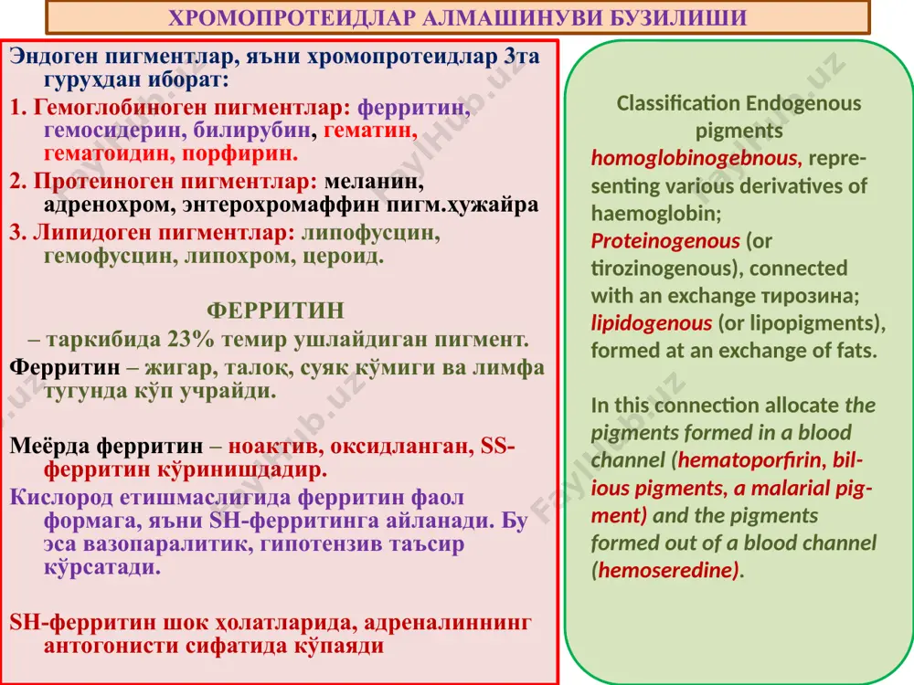 infectious diseases (a sepsis, unaerobic infections, a malaria). маҳаллий гемосидерозга мисол ўпка гемосидерози. сабаблари: ревматик митрал порок, кардиосклерозда ўпкада қоннинг димланиши. ўпкада сурункали веноз димланиш, томир девори ўтказувчанлигининг ошиши. ўпкага диапедез қон қуйилишлар. альвеолалар оралиғида, томирлар атрофида кўп миқдорда сидеробластларнинг тўпланиши. сидеробластларнинг альвеолалар бўшлиғига тушиши ва балғам билан ажралиши – “юрак пороги ҳужайраси” дейилади. аралаш дистрофиялар at long venous stagnation in the lungs, arising owing to chronic warm insufficiency, are observed plural diapeptidase hemorrhages. formed thus hemosiderin it is absorbed mononuclear by cages of alveoluses. билирубин – ўт-сафро пигменти 1. рэсда эритроцитнинг парчаланиши, гемнинг ажралиши. 2. гем протопорфирин халқасининг темирни йўқотиши. 3. биливердин пайдо бўлиши. 4. биливердиннинг оқсил билан қўшилиб боғланган билирубинга айланиши. 5. гепатоцитларнинг глюкурон кислотаси ёрдамида қондан билирубинни олиб ўт капиллярига хайдаши. 6. ундан нажасда стеркобиллин, сийдикда уробилин пайдо бўлиши. билирубин алмашинуви бузилиши – сариқлик (желтуха) дейилади. сариқликнинг 3та формаси мавжуд: 1. гемолитик сариқлик (инфекция: сепсис, безгак, қайталама …
