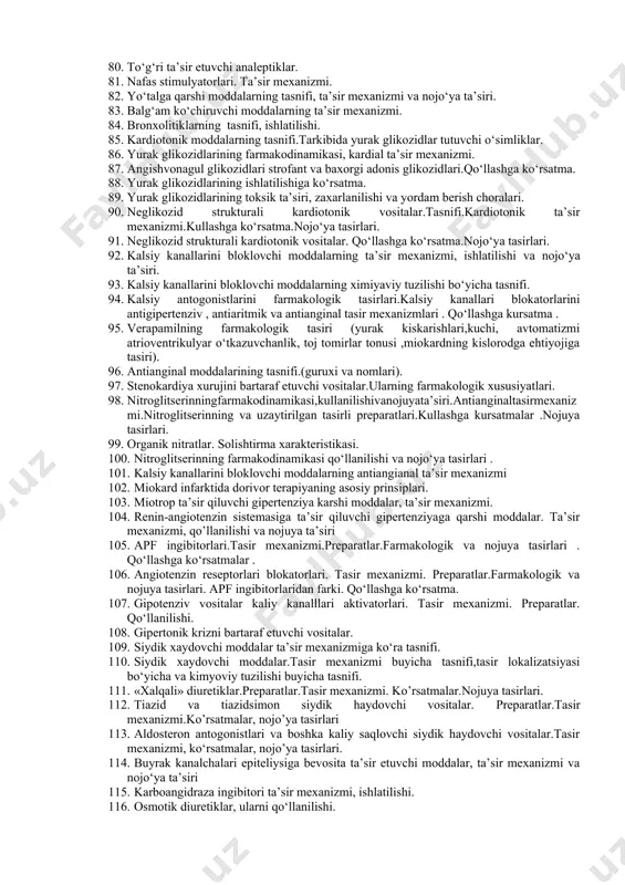 am 46. m – xolinomimetiklar va m –xolinoblokatorlarni qiyosiy taqqoslash. 47. n – xolinomimetik moddalar: preparatlari, ta’siri va qo‘llanilishi. 48. nikotin bilan zaxarlanish, chekishga qarshi ishlatiladigan preparatlar. 49. chekishga qarshi qo‘llaniladigan n-xolinomimetiklarni ta’siri. 50. ganglioblokatorlar: joylashishi va ta’sir mexanizmi. 51. ganglioblokatorlar: qo‘llanilishi, asoratlari. 52. ganglioblokatorlar: dori vositalari va farmakologik effektlari. 53. miorelaksantlar: tasnifi, ta’sir mexanizmi, qo‘llanilishi 54. depolyarizatsiyalovchi va depolyarizatsiyaga karshi vositalarning ta’sir mexanizmi. 55. depolyarizatsiyaga karshi dori vositalarning qo‘llanilishi. 56. etil spirti va uning tibbiyotda ishlatilishi. 57. alkogol. mns ta’siri. 58. alkogol bilan utkir zaxarlanish, surunkali zaharlanish va abstinet sindromni bartaraf etish uchun qo’llaniladigan dori vositalar. 59. natriy oksibutirat va uning o‘ziga xos xususiyatlar. 60. nonarkotik analgetiklarning isitmani tushiruvchi ta’sir mexanizmi. 61. narkotik va nonarkotik dori vositalarning taqqoslash. 62. barbituratlar guruxidan uyku chakiruvchi dori moddalarning ta’sir mexanizmi. 63. uyqu chaqiruvchi dori moddalari. ta’sir mexanizmi va kimyoviy tuzilishi bo’yicha tasnifi. 64. benzodiazepin guruxidan uyqu chaqiruvchi dori vositalarning ta’sir mexanizmi va …