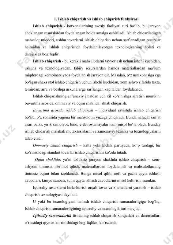 neft va gazni qayta ishlash zavodlari, kimyo sanoati, sutni qayta ishlash zavodlarini misol keltirish mumkin. iqtisodiy resurslarni birlashtirish orqali tovar va xizmatlarni yaratish – ishlab chiqarish texnologiyasi deyiladi. u yoki bu texnologiyani tanlash ishlab chiqarish samaradorligiga bog‘liq. ishlab chiqarish samaradorligining iqtisodiy va texnologik turi mavjud. iqtisodiy samaradorlik firmaning ishlab chiqarish xarajatlari va daromadlari o‘rtasidagi qiymat ko‘rinishidagi bog‘liqlikni ko‘rsatadi. texnologik samaradorlik foydlanilayotgan resurslar va natural ko‘rinishda olinayotgan mahsulot o‘rtasidagi bog‘liqlikni ko‘rsatadi. ishlab chiqarish omillarini yiriklashgan uch guruhga bo‘lib qarash mumkin: mehnat, kapital va materiallar. masalan, mehnat ishlab chiqarish omili sifatida malakali mehnatni (muhandis, texnoplog, payvandchi, buxgalter, elektr ustasi), malakasiz mehnatni (har xil ishchilar) va korxona rahbarlarining boshqaruv va tadbirkorlik harakatini o‘z ichiga oladi. bu mehnat turlarini umumlashtiruvchi ko‘rsatkichlar mehnat sig‘imi va mehnat unumdorligidir. materiallar deganda, ishlab chiqarish jarayonida tayyor mahsulotga aylanadigan har qanday moddiy narsani qarashimiz mumkin: butlovchi qismlar, yarim fabrikatlar, temir, po‘lat, shisha, yoqilg‘i, yog‘och, paxta va boshqa xom ashyolar …