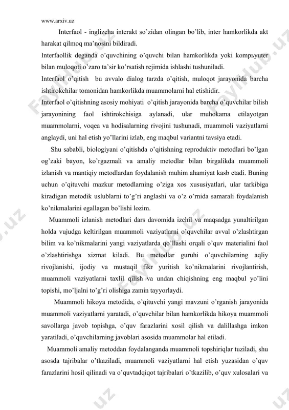 odida, o’qituvchi yangi mavzuni o’rganish jarayonida muammoli vaziyatlarni yaratadi, o’quvchilar bilan hamkorlikda hikoya muammoli savollarga javob topishga, o’quv farazlarini xosil qilish va dalillashga imkon yaratiladi, o’quvchilarning javoblari asosida muammolar hal etiladi. muammoli amaliy metoddan foydalanganda muammoli topshiriqlar tuziladi, shu asosda tajribalar o’tkaziladi, muammoli vaziyatlarni hal etish yuzasidan o’quv farazlarini hosil qilinadi va o’quvtadqiqot tajribalari o’tkazilib, o’quv xulosalari va umumlashmalarini ta’riflab muammolar hal etiladi. muammoli metodlardan foydalaniladigan darslarni keyingi yillarda yangi nom bilan («tafakkur bo’roni» b.r.qodirov), («miyaga hujum», «fikrlar to’qnashuvi», «fikrlar jangi» v.m.karimova, f.a.akramova), o’qitishning mantiqiy metodlari guruhi, mazkur metod o’quv materiali mazmunining yo’nalishini belgilab, o’quvchilarning bosh g’oyani ajratish, o’rganilayotgan ob’yektni tahlil qilish, qiyoslash, umumlashtirish ko’nikmalari, aqliy faoliyat usullarini egallash, abstrakt tafakkurni rivojlantirish, sababoqibat bog’lanishlarni anglash imkonini yaratadi. o’qitishning mantiqiy metodlari guruhiga induktiv, deduktiv, tahlil, bosh g’oyani ajratish, qiyoslash, umumlashtirish metodlari kiradi. induktiv metodda o’quvchilarning e’tibori avval xususiy faktlarni o’rganishga jalb qilinadi, so’ngra xususiydan umumiy xulosalar chiqarishga yo’naltiriladi. deduktiv metodda o’quvchilar …