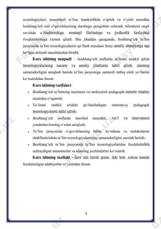 misollar orqali beriladi. masalan, matematika darslarida oddiy qo‘shish, ayirish, ko‘paytirish va bo‘lish amallari o‘rgatilsa, ona tili darslarida so‘z va gap tuzilishi, o‘qish darslarida esa badiiy matnlarni to‘g‘ri o‘qish va mazmunini anglash ko‘nikmalari shakllantiriladi. bunday bilimlar keyingi bosqichlarda murakkabroq tushunchalarni o‘zlashtirish uchun zamin yaratadi. boshlang‘ich sinfda o‘rgatilgan bilimlar hayotiy tajriba bilan chambarchas bog‘lanadi, masalan, matematik amallarni kundalik hayotda qo‘llash, ya’ni bozorda hisob-kitob qilish yoki turli buyumlarni sanashda foydalanish imkoniyati yaratiladi. mazkur bosqichning eng muhim xususiyati shundaki, o‘quvchilar yosh jihatidan 6–10 yosh oralig‘ida bo‘lib, ularning tafakkuri, diqqat va xotirasi hali barqaror emas, shu sababli o‘qitish jarayoni oddiydan murakkabga tamoyili asosida tashkil qilinadi. o‘quvchilarda o‘yin faoliyati va qiziqishga asoslangan topshiriqlar ko‘proq samarali natija beradi. masalan, rasm chizish, qo‘shiq aytish yoki o‘yin tarzidagi topshiriqlar yordamida ularning bilimga bo‘lgan qiziqishi oshiriladi. shu 6 bilan birga, boshlang‘ich sinfda beriladigan topshiriqlar o‘quvchilar psixologik xususiyatlariga mos, qisqa va aniq bo‘lishi zarur. boshlang‘ich ta’lim mazmunida faqat bilim berish emas, …