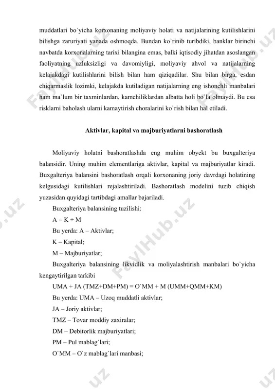 lab chiqarish va sotish hajmining o`sishi hisobiga balans aktivi va passivida, daromad va xarajatlarida, pul oqimlarida qator o`zgarishlar ro`y berishi mumkin. qo`shimcha moliyalashtirishlar yuzasidan talabning o`zgarishi stsenariysi shunga mos ravishda belgilanadi. bashoratlangan aktivlar bashoratlangan passivlardan kichik yoki teng bo`lgan bashorat qilingan stsenariyni amalga oshirish mumkin bo`ladi. qmb = ba – bp <= 0 bu yerda: qmb – qo`shimcha moliyalashtirish manbalari; ba – bashoratlangan aktivlar; bp – bashoratlangan passivlar. lekin aylanma aktivlarning o`sishi doimo ham moliyalashtirish manbalarining etarligini ta`minlashga imkon bermaydi. shu sababli, qo`shimcha moliyalashtirish manbalariga zaruriyat seziladi. qo`shimcha moliyalashtirishga zaruriyatni pul oqimining shakllanishiga qarab belgilash mumkin: po = tf + am – a + m bu yerda: tf – taqsimlanmagan foyda; am – amortizatsiya; a – aktivlar; m – majburiyatlar. bashoratlash algoritimi quyidagi ketma-ketlikda amalga oshiriladi axborot manbalarini shakllantirish bosqichi. axborot manbalari sifatida moliyaviy hisobot shakllari olinadi. xarajatlar tarkibi va ularning salmoq o`zgarishlari o`rganiladi. koeffitsientlar hisob-kitob qilinadi. xarajatlar salmog`i, aylanma …