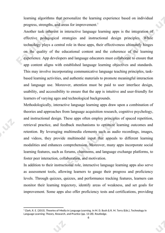 nd technological backgrounds. methodologically, interactive language learning apps draw upon a combination of theories and approaches from language acquisition research, cognitive psychology, and instructional design. these apps often employ principles of spaced repetition, retrieval practice, and feedback mechanisms to optimize learning outcomes and retention. by leveraging multimedia elements such as audio recordings, images, and videos, they provide multimodal input that appeals to different learning modalities and enhances comprehension. moreover, many apps incorporate social learning features, such as forums, chatrooms, and language exchange platforms, to foster peer interaction, collaboration, and motivation. in addition to their instructional role, interactive language learning apps also serve as assessment tools, allowing learners to gauge their progress and proficiency levels. through quizzes, quizzes, and performance tracking features, learners can monitor their learning trajectory, identify areas of weakness, and set goals for improvement. some apps also offer proficiency tests and certifications, providing learners with tangible evidence of …