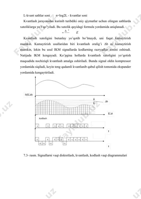 gga siljiydi (davomiyligi o‘zgarmas saqlanib qoladi, 14.5d-rasm). impulslar fazasi modulyatsiyalanganda uning fazasi (boshlang‘ich holati) takt chizig‘iga nisbatan oldiga yoki orqaga siljiydi, ya’ni impulslar chastotasi modulyatsiyasi (ichm), bunda impulslar takrorlanish chastotasi modulyatsiyalovchi xabar amplitudasiga mos ravishda ga o‘zgaradi (14.5e-rasm). impulslar chastotasi modulyatsiyalanganda ularning takrorlanish chastotasi xabarga mos ravishda kattalashadi va kichiklashadi. ft fi fi u(t) ifm va ichm signallarni umumlashtirgan holda vaqt bo‘yicha modulyatsiyalangan impuls – impuls vaqt modulyatsiyasi (ivm) deb ataladi. 4. impuls kod modulyatsiyasi (ikm), bunda birlamchi analog xabar (signal) diskretlash va kvantlash natijasida raqamli kodlangan diskret xabarga aylantiriladi va har bir takt chizig‘i vaqt oralig‘ida ushbu kodlar kombinatsiyasiga mos keluvchi “1” va “0” elementar signallar ketma-ketligi shakllantiriladi. ushbu kodlar ketma-ketligi impulslari yuqori chastotali garmonik tebranish signalining asosiy parametrlaridan birini modulyatsiyalashi natijasida: ikm-am, ikm-chm, ikm-nfm signalalr shakllantiriladi. diskret modulyatsiyalangan (kim, chim, fim, aim) signallarni tahlil qilish to‘rtburchak shaklidagi videoimpulslar ketma-ketligini past chastotali bir tonli signal bilan iam-i signal spektrini …