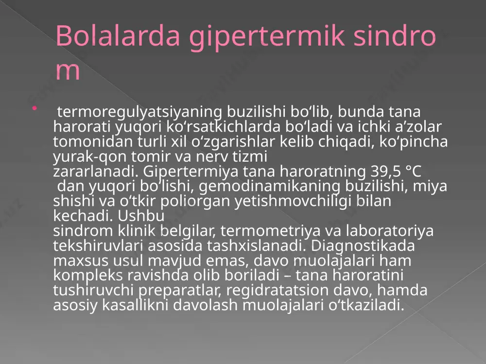 m kelib chiqishiga koʻplab sabablar mavjud va koʻpgina kasalliklar bilan birga namoyon boʻladi: gripp, oʻrvi, qizilcha, suvchechak, septik holat va shu kabilar. boladagi nerv tizimi tomonidan kuzatiladigan kamchiliklar, bosh miya jarohatlari va oʻsmalari ham patologik holat rivojlanishida katta rol oʻynaydi. nasliy moyillik ham isbotlangan. bolalarda gipertermik sindrom sabablari tana harorati koʻtarilishi nafas olish sonining ortishi, natijada qonda atsidoz kelib chiqishiga sabab boʻladi. bir vaqtning oʻzida ter ajralishi koʻpayadi va gipovalemik holat yuzaga chiqadi, yaʼni natriy va kaliy ionlari konsentratsiyasi kamayadi. shu kabi mexanizmlar bosh miyadagi termoregulyatsiya markazlariga taʼsir oʻtakazadi va gipotalamus orqali tana harorati yanada koʻtariladi. issiqlik ajratish periferik qon-tomirlar spazmi hisobiga kamayadi, shu sababli gipertermik holat saqlanib qoladi. uzoq muddat tana harorati yuqori boʻlib turishi hujayra membranalaridagi lipid barerning jiddiy buzilishiga sabab boʻladi, bu esa qon tomirlar oʻtkazuvchanligi ortishi, bosh miya shishi, siydikda oqsil paydo boʻlishi va boshqa holatlarga olib keladi. bolalarda gipertermik sindrom belgilari bolalarda gipertermik sindrom yaqqol …