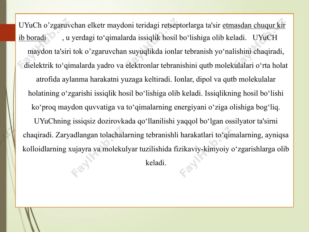 lroq hisoblanadi, uni o‘tkir yiringli kasalliklarda, yallig‘lanish jarayonlarida, atoniyalarda, spazmlarda, nevrit, nevralgiyalarda va boshqalarda tavsiya etiladi. qon ketishga moyillik, yomon sifatli o‘sma, ii – iii darajali yurak yetishmovchiligi, aorta anevrizmi, gipotoniya, miokard infarkti bo‘lsa tavsiya etilmaydi. muolaja maxsus tayyorlangan xonalarda o‘tkaziladi. bu xonalarda metall buyumlarning bo‘lishi mumkin emas, devorlari ichkaridan qo‘rg‘oshinli rezina bilan qoplanadi. uyuch terapiyasi paytida so'rilgan elektromagnit energiyaning tana to'qimalarida taqsimlanishi k - teri, m - mushak to'qimasi, kt - suyak to'qimasi uyuch terapiyasi paytida sig'imli elektrodlar zanjiri va bemor tanasining bir qismining ekvivalent elektr davri qurilmaning strukturaviy diagrammasi va ishlash printsipi uyuch-80-3 "undaterm" apparatining blok diagrammasi xulosa bitiruv malakaviy ishimning maqsadi – uyuch-apparatini maketini yaratish, qo’llanilish usullari va bu usullarning ichida aynan qaysi usulning ishonchli hamda samaraliroq ekanligini o’rganish, uyuch-apparatini maketini yaratish, aparatining yaratilish tarixi, raqamli va anolog ishlash piritsipi, boshqa uyuch aparatlaridan nimalari bilan farqlanishi, ichki va tashqi tuzulishi, tashqi dizayni, tehnik hususiyatlari, uyuch aparatlariga ko’rsatiladigan …