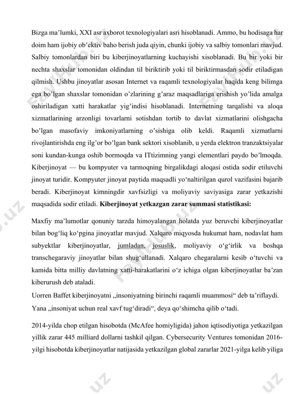 maqsadi foydalanuvchining maxfiy maʼlumotlariga: parollar va internetdagi akkauntga kirishga kirish». jinoyatning bu turi qoʼngʼiroqlar, sms joʼnatmalar, firibgarlar oʼzini bank nomidan koʼrsatib, oʼzlariga kerakli maʼlumotlarni noqonuniy ravishda tortib oladigan soxta saytlarda ifodalanadi. uning yordami bilan ular bank hisobvaragʼidan pul mablagʼlarini osongina oʼtkazadilar, keyinchalik ularni egalariga qaytarish deyarli mumkin emas. moliyaviy firibgarlik jinoyatlari kompyuter firibgarligi — bu boshqa shaxsni yoʻqotishga olib keladigan biror narsa qilish yoki qilmaslikka imkon berish uchun haqiqatni har qanday notoʻgʻri koʻrsatish. shu nuqtai nazardan, firibgarlik quyidagi yoʻllar bilan foyda olishga olib keladi: ruxsatsiz tarzda oʻzgartirish. bu kichik texnik tajribani talab qiladi va xodimlar tomonidan maʼlumotlarni kiritish yoki notoʻgʻri maʼlumotlarni kiritishdan oldin maʼlumotlarni oʻzgartirish yoki ruxsatsiz koʻrsatmalar kiritish yoki ruxsat etilmagan jarayonlardan foydalanish orqali oʻgʻirlashning keng tarqalgan shaklidir. odatda ruxsatsiz tranzaktsiyalarni yashirish uchun chiqishni oʻzgartirish, yoʻq qilish, bostirish yoki oʻgʻirlash. buni aniqlash qiyin.saqlangan maʼlumotlarni oʻzgartirish yoki oʻchirish. boshqa firibgarlik shakllari kompyuter tizimlari yordamida osonlashtirilishi mumkin, jumladan bank firibgarligi, karding, …