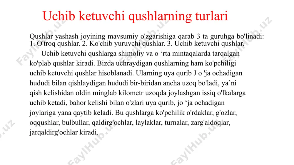 dir, ya’ni migratsiya vaqtida quyosh, oy va yulduzlarning holatiga qarab kerakli yo'nalishni tanlaydi. yomg'ir yoqqanda, havoda bulut bo'lganda yoki planetariv tajribalarida osmon yulduzlarining tabiiy holati o'zgartirilganda migratsiya qiluvchi qushlarning orientatsiyasi keskin yomonlashadi. qush tomonidan migratsiya vaqtida tanlangan umumiy yo'nalish ko'rish organi-ko'z yordamida bajariladi. chunki migratsiya paytida qushlar odatlangan landshaftlar: daryo oqimi, o'rmonlar, dengiz qirg'oqlari bo'ylab uchadi. galadagi qushlarning ba’zilari bu yo‘lni awal uchib o'tgan boladi. lekin ko'pchilik qushlarninj jo'jalari, o ‘zlari birinchi bolib uchib ketadi (ba’zi chumchuqsimonlar, yirtqichlar). um um an, qushlarning qaysi tomonga uchib ketishi, uya qurib jo'ja ochish joyi bilan qishlash joyiga bogliq bo'ladi. masalan: suv qushlari ko'proq daryo havzalari bo'ylab uchadi. quruqlikda yashaydigan qushlar esa, odatda ancha keng masofa bo‘ylab uchadi. baland va katta-katta tog'larni qushlar ko'pincha aylanib o'tadi. qushlarning qishlash joylari to ‘g'risida gapirilganda ko‘pgina chumchuqsimonlar, o'rmon loyxo'raklari, yakantovuqlar yumshoq iqlimli angliyada qishlaydi. buning aksicha. sibirda uya soluvchi qushlar qishlash uchun markaziy osivodagi tog' va sahrolarni …