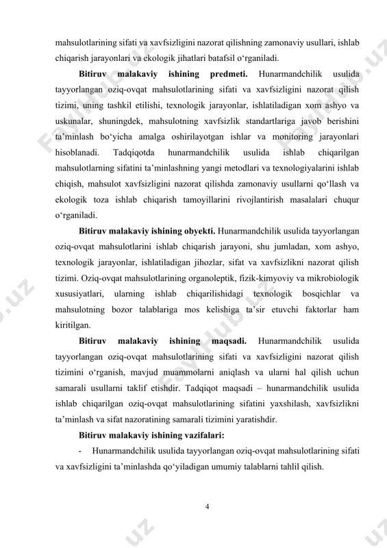 k usulida ishlab chiqarilgan mahsulotlarning sifatini nazorat qilishda zamonaviy texnik va kimyoviy usullarni qo‘llashni o‘rganish. · mahsulotlarning organoleptik, fizik-kimyoviy va mikrobiologik xususiyatlarini aniqlash va baholash. · sifatni ta’minlash va xavfsizlikni nazorat qilish bo‘yicha amaliy tavsiyalar ishlab chiqish. · mahsulotlarning bozordagi o‘rni, narx belgilash va sotish strategiyalarini tahlil qilish. · ekologik toza ishlab chiqarish tamoyillarini qo‘llash va atrof-muhitni muhofaza qilish masalalarini o‘rganish. · ishlab chiqarish jarayonida xodimlarning xavfsizligini ta’minlash choralari va sanitariya-gigiyena qoidalariga rioya qilishni o‘rganish. muammoning o‘rganilganlik darajasi. hunarmandchilik usulida tayyorlangan oziq-ovqat mahsulotlarining sifati va xavfsizligini nazorat qilish masalasi hozirgi vaqtda turli tadqiqotlar, davlat standartlari va sanoat talablariga muvofiq o‘rganilayotgan bo‘lsa-da, bu sohada hali ko‘plab muammolar mavjud. o‘zbekiston va boshqa davlatlarda ushbu mavzu yuzasidan amalga oshirilgan tadqiqotlar asosan quyidagi yo‘nalishlarda jamlangan: 1. xom ashyo va ishlab chiqarish texnologiyalari: oziq-ovqat mahsulotlarini ishlab chiqarishda foydalaniladigan xom ashyo, uning sifati va xavfsizligi bo‘yicha ilmiy ishlanmalar mavjud. biroq, hunarmandchilik usulida ishlab chiqarishdagi xom ashyoning …
