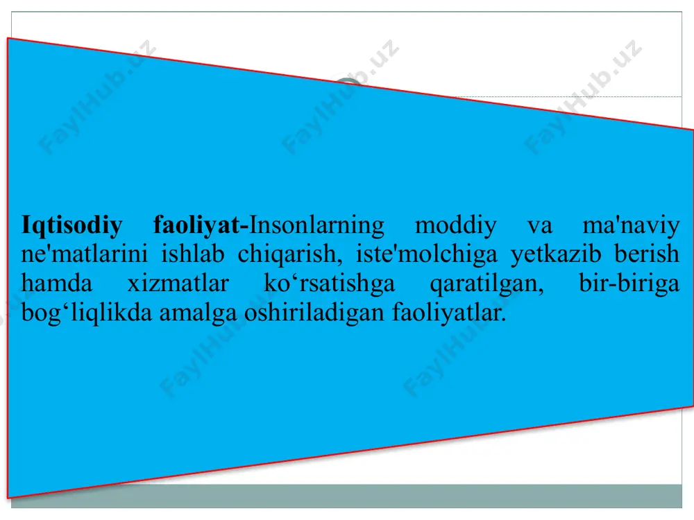 hida bosqichlarida mavjud bo‘ladi. umumiy-jamiyat taraqqiyotining bosqichlarida amal qiladi. iqtisodiy tahlil uslubi va tamoyillari 21 uslub - bu ilmiy bilishga yondashish yo‘llari, tamoyillari, qonun-qoidalari va aniq xodisalar tizimi. ilmiy bilish usullari dialektik usul- iqtisodiyot turli bo‘g‘inlardan, bo‘laklardan iborat yaxlit bir organizm deb hisoblanadi; -iqtisodiy jarayonlar doimiy o‘zgarishda (oddiydan murakkablikka, quyidan yuqoriga) va rivojlanishda deb hisoblaydi. ilmiy abstraksiya- tahlil paytida hodisa va jarayonlarning ikkinchi darajali belgilari fikrdan chetlashtirilib hamda eng asosiy belgilarini ajratib olish orqali ularning mohiyatini ochib berishga harakat qilish. tahlil va sintez usuli- taxlil — bu o‘rganilayotgan voqea-hodisalarni alohida qismlarga ajratib, sintez esa ularni yaxlit bir butun qilib birlashtirish orqali mohiyatini ochib berish. mantiqiylik va tarixiylik usuli - tarixiylik-iqtisodiy hodisa va jarayonlarni tarixiy rivojlanish davrlari nuqtai -nazaridan mantiqiylik esa ularning ichki qonuniy bog‘lanishlari orqali tahlil qilish. eksperiment-amalga oshirilishi lozim bo‘lgan iqtisodiy chora-tadbirlarni sinov tariqasida iqtisodiyotning alohida bo‘g‘inlarida qo‘llash. bu usul islohotlarni amalga oshirish, iqtisodiyot inqiroz va turg‘unliklarga uchragan davrlarda …