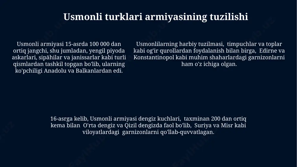 hlar, kamonlar va zirhlardan, shuningdek, samarqand va buxoro kabi shaharlarda ishlab chiqarilgan ogʻir piyoda askarlarining qoʻshimcha qurollaridan foydalangan. e'tiboringiz uchun rahmat @taqdimot_robot image1.jpg