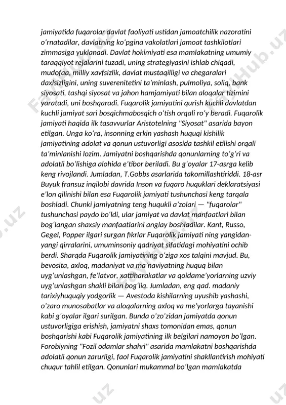 xilma-xilligi taʼminlanadigan hamda oʻzinioʻzi boshqarish organlarining mavqei baland boʻlgan ijtimoiy tuzum. bunda mamlakatning har bir fuqarosi siyosiy, ijtimoiy, iqgisodiy, maʼnaviy va huquqiy jihatdan oʻz ehtiyojlarini jamoat birlashmalari va fondlari, oʻzini oʻzi boshqarish organlari, siyosiy partiyalar va nodavlat notijorat tashkilotlar ishida faol ishtirok etib, ular orqali qondiradilar. fuqarolik jamiyatida fuqarolar davlat faoliyati ustidan jamoatchilik nazoratini oʻrnatadilar, davlatning koʻpgina vakolatlari jamoat tashkilotlari zimmasiga yuklanadi. davlat hokimiyati esa mamlakatning umumiy taraqqiyot rejalarini tuzadi, uning strategiyasini ishlab chiqadi, mudofaa, milliy xavfsizlik, davlat mustaqilligi va chegaralari daxlsizligini, uning suverenitetini taʼminlash, pulmoliya, soliq, bank siyosati, tashqi siyosat va jahon hamjamiyati bilan aloqalar tizimini yaratadi, uni boshqaradi. fuqarolik jamiyatini qurish kuchli davlatdan kuchli jamiyat sari bosqichmabosqich oʻtish orqali roʻy beradi. fuqarolik jamiyati haqida ilk tasavvurlar aristotelning "siyosat" asarida bayon etilgan. unga koʻra, insonning erkin yashash huquqi kishilik jamiyatining adolat va qonun ustuvorligi asosida tashkil etilishi orqali taʼminlanishi lozim. jamiyatni boshqarishda qonunlarning toʻgʻri va adolatli boʻlishiga alohida eʼtibor …