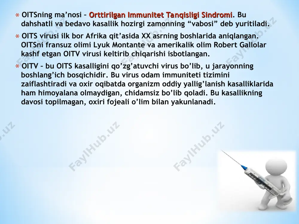 , tug’ma gemofiliya bilan kasallanganlarda keng tarqalgan. biroq hozirgi vaqtda bsst ma’lumotiga ko’ra oits virusi epidemiyasi aholining asosiy qatlamida ham kengaymoqda. oits virusi chidamsiz bo’lib, suvda 10 daqiqa qaynatish davomida halok bo’ladi. maxsus dezinfeksiya vositalaridan ham foydalanish mumkin. spirt oitvni o’ldirmaydi. oits virusining yuqish yo’llari: zararlangan qon sog’lom odamga quyilganda; kasallangan onadan bolaga homiladorlik, tug’ruq vaqtida va ko’krak sutidan boqilganda; zararlangan shprislardan foydalanilganda. stomatologiya, sartaroshxona, go’zallik salonlari (manikyur, pedikyur va tatuaj xonalari)da oits virusini yuqtirish xavfi katta. oitv hozirgi davrda judayam yahshi o’rganilgan hisoblanadi. hattoki hozirgi davrda agar oitv yuqqanligiga shubqa qilsak uni o’sishini to’htatib qo’yadigan dori vositalari ham bor. jinsiy qon orqali onadan bolaga suvga tushgan virus ber necha daqiqada o’lib ketadi, lekin zararlangan teri orqali uni yuqtirib olish mumkin. bazida hech qachon shubhali kontaktda bo’lmaganlarda ham oits analizi salbiy chiqishi mumkin, shuning uchun bu analizni qayta topshirish kerak bo’ladi….. oits virusi quyidagi hollarda yuqmaydi: qo’l bilan yoki quchoqlashib …