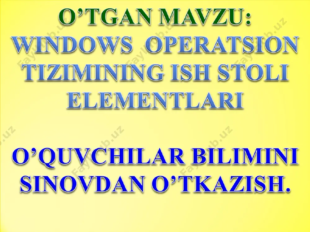 qotni o’rnatish, tashqi qurilmalar ishlash holatlarini sozlash va ular bilan muloqotni o’rnatish, har xil dasturlarni ishga tushirish va ular ishlash holatlarini ta’minlash. windows operatsion tizimining asosiy ob’yekti – oynadir. oynaning bir necha turlari mavjud: jildlar (papkalar) oynasi, muloqot oynasi, ilovalar oynasi, ma’lumotlar tizimi oynasi. jisldlar oynasi: hujjatlar va ilovalarni izlash, tanlash va yuklash uchun ishlatiladi. jildlar oynasi windows ning boshqa ob’yektlari znachoklari va oynani boshqarish elementlarini o’z ichiga oladi. ilovalar oynasi: asosan hujjatlar bilan ishlashda qo’llaniladi. bu oynalarga hujjat sifatida yuklatilgan axborotni va ilovalarni boshqarish elementlarini o’z ichiga oladi. muloqot oynasi: faqat boshqarish elementlarini o’z ichiga olishi bilan boshqa oynalardan farq qiladi. ular yordamida operatsion tizim va uning ilovalarini boshqarish mumkin. ma’lumotlar tizimi oynasi: operatsion tizim va ilovalar ishi haqidagi ma’lumotlarni o’z ichiga oladi. oynalar haqida tushuncha sarlavha satri menyular satri uskunalar paneli ishchi soha gorizontal va vertikal surg’uchlar oynaning chegaralari oynaning maxsus tugmalari haqida: sarlavha satri dastur belgisi dastur …
