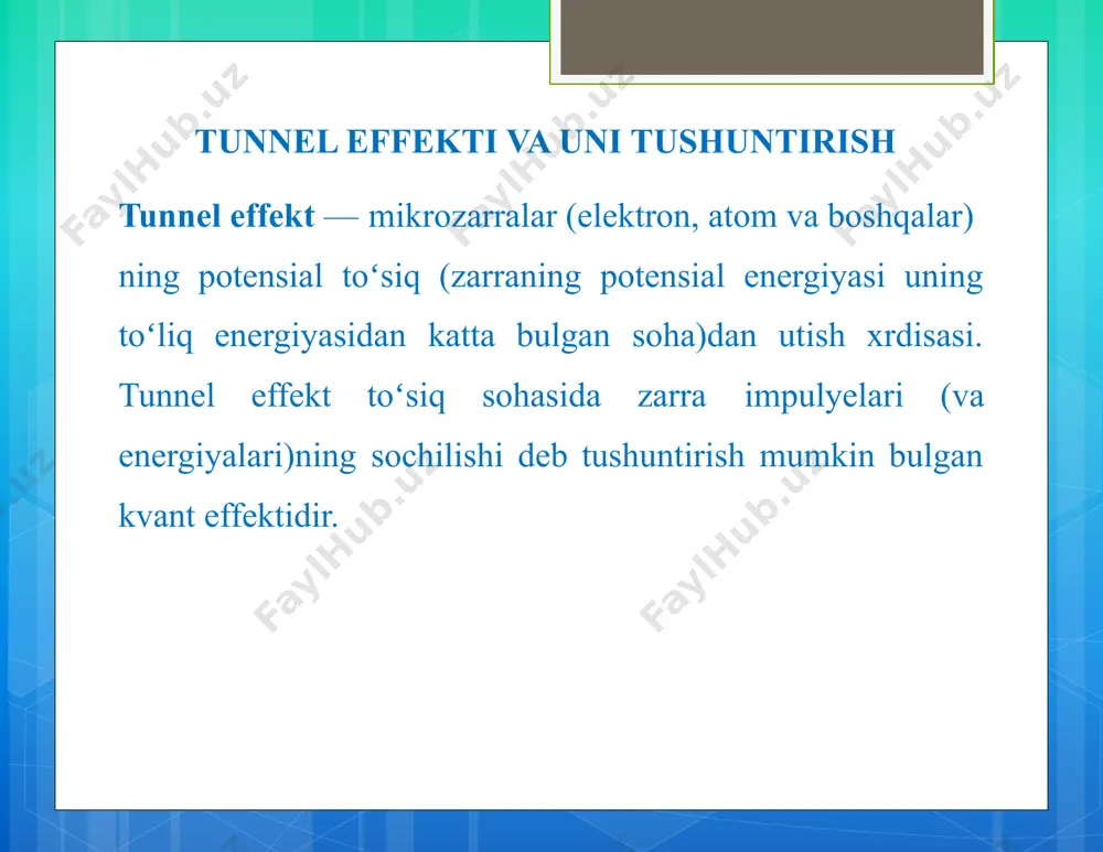 a, koptokchada devor orqali qo‘shni xonaga o‘tib ketish uchun juda oz bo‘lsa-da, harholda imkoniyat bor. geyzenbergning noaniqliklar nisbatlari tamoyilini energiyaga tadbiq qilish qoidalariga asosan, koptokni tashkil qiluvchi zarrachalar devorni tashkil qiluvchi zarrachalar orqali tunneldan o‘tgandek o‘tib ketishi ehtimoldan holi emas. ushbu nisbatga ko‘ra, zarracha muayyan vaqt momentida muayyan energiya miqdoriga ega bo‘ladi deb aniq aytishning iloji yo‘q. o‘ta kichik vaqt birliklari miqyosida, zarracha energiyasi sezilarli darajada fluktuatsiyalanishi mumkin va natijada, u devor to‘sig‘ini yengib o‘tish uchun yetarli qiymatga ega bo‘lib qolishi mumkin. bu satrlarni o‘qib, siz xuddi ertak eshitayotgandek, yoki, bo‘lmag‘ur gaplarni o‘qiyotgandek ensangiz qotishi tabiiy. bu faqat-sizningkvant fizikasidan yaxshi xabardor emasligingiz tufaylidir. aslida, tabiatda bu tarzdagi kvant tunnellash effekti allaqachon mavjud va u hozirda sizning qo‘l ostingizda ham ro‘y bermoqda desam, - hayratda qolmang. masalan,tranzistorlarda elektronlar ushbu elektron uskunaning bir qismidan boshqa qismiga tunnel effekti bilan o‘tib turadi. yadroviy parchalanishda ham zarrachaning uchib chiqishi tunnel effekti hodisasi orqali ro‘y …