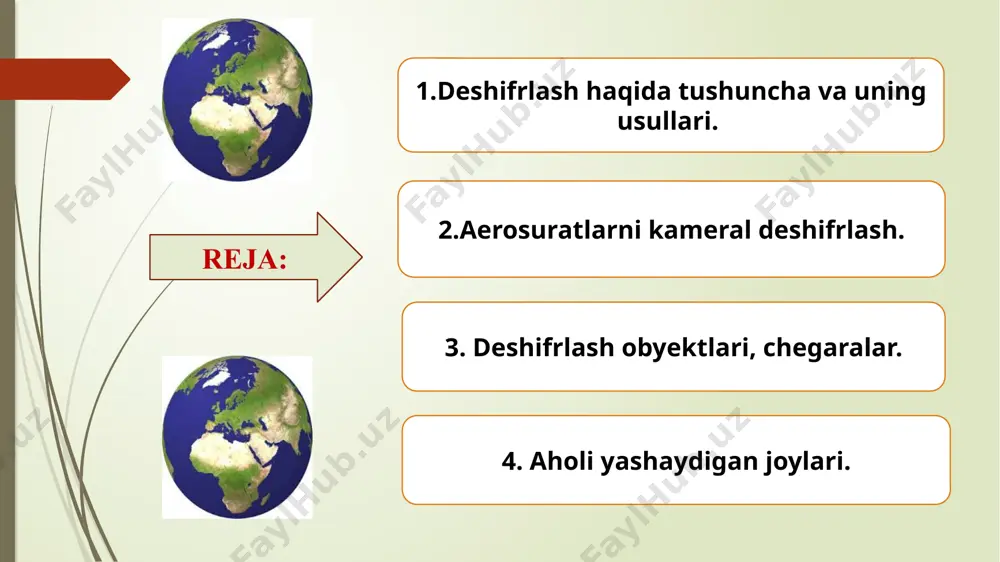 a ega bo'lish demaqdir. yer tuzuvchi mutaxassis deshifrlash bo'yicha to'liq nazariy va amaliy bilimga ega bo'lishi kerak. qoraqalpog'iston va viloyatlar, mamuriy tumanlar, shahar, yer uchastkalari chegaralar joylarda tanilib tegishli shartli belgilar bilan fotoplanga chizib olinadi. chegarada belgilari o'rnatilmagan yoki o'rnatilgan belgi joylari buzilib ketgan mamuriy chegaralar, mavjud yuridik hujjatlar bo'yicha fotoplanga tushirib olinadi. yuridik hujjatlar bo'lmagan taqdirda, bu chegaralar yer uchastkalarini mavjud plandagi chegaralaridan ko'chirib chiziladi. yerga egalik qiluvchi va yerdan foydalanuvchilar chegaralarini to'g'ri aniqlash deshifrovkalashning eng asosiy elementlaridan biridir. dala ishi boshlanguncha ishlash obyekti hududidagi barcha yer uchastkalarini chegaralari fotoplanga aniqlash chizib olinadi. shu bilan birga, tegishli yer tuzish hujjatlari bilan faqat yuridik tomondan tasdiqlangan, texnik to'g'ri materiallardan olingan chegaralar fotoplanga tushirib olinadi. 3. deshifrlash obyektlari, chegaralar. dala ishi bilan deshifrovkalash davrida, chegara belgilari va chegaraning chiziqli shakllari oldindan plan bilan solishtirilib tekshiriladi. agarda xo'jalik chegarasi chiziqli topografik elementlar yo'l, zovur, ariq, daryolar ayni tabiiy holi bo'yicha fotoplanga chizib …