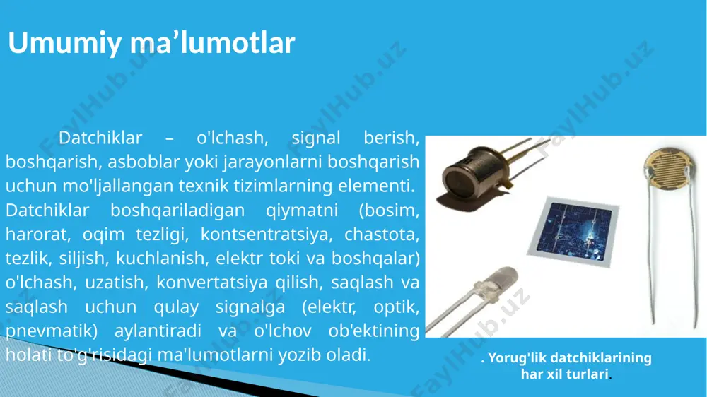 %d0%ba?wprov=sfla1. capacitive position/displacement sensor theory/tutorial. capacitive position/displacement overview (недоступная ссылка). m. kretschmar and s. welsby (2005), capacitive and inductive displacement sensors, in sensor technology handbook, j. wilson editor, newnes: burlington, ma. c. a. grimes, e. c. dickey, and m. v. pishko (2006), encyclopedia of sensors (10-volume set), american scientific publishers. isbn 1-58883-056-x. sensors — open access journal of mdpi. m. pohanka, o. pavlis, and p. skladal. rapid characterization of monoclonal antibodies using the piezoelectric immunosensor. sensors 2007, 7, 341—353 sensedu; how sensors work. clifford k. ho, alex robinson, david r. miller and mary j. davis. overview of sensors and needs for environmental monitoring. sensors 2005, 5, 4-37 foydalanilgan adabiyotlar e’tiboringiz uchun raxmat! image2.emf image3.emf image4.emf image5.emf image6.emf image7.emf image8.emf image9.jpeg image10.jpeg image11.emf image12.jpeg image13.jpeg image1.jpeg