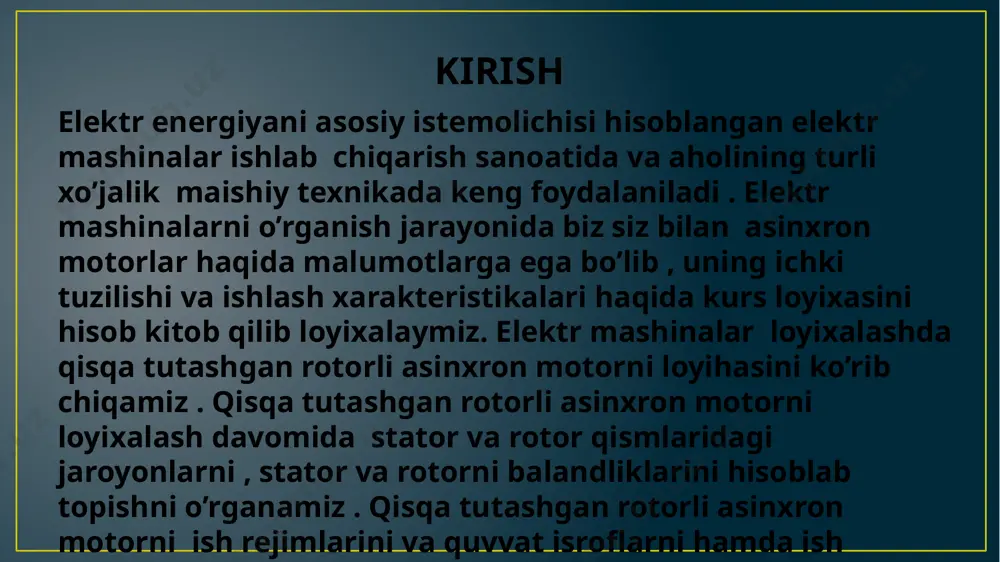 it yuklama va magnit induksiyani aniqlash stator cho’lg’ami pazlari, o’ramlari soni va kesm yuzalarini tish qatlami va xavo oralig’i o’lchamlarini aniqlash tish bo’linmasining chegaraviy qiymatlarini 3-rasmdan va bo’lishi mumkin bo’lgan tishlar soni oralig’ini aniqladim: tz1max=18mm va tz1min=16 mm. bu qiymatlar yordamida stator pazlarini aniqlab oldim z = 25 ta . bu punktida asosan pazdagi oʻramlar sonini w=104.6 elektromagnit yuklama a=23* a/m , mashina hovo oraligʻini magnit oqimini =17* vb va magnit induksiyalarni =0.2.4tl hisobladim . stator choʻlgʻamidagi tok zichligini j1=7.4*10⁶ a/m² . 3-rasm . tish boʻlinmasining chegaraviy qiymatlari stator cho’lg’ami pazlari, o’ramlari soni va kesm yuzalarini tish qatlami va xavo oralig’i o’lchamlarini aniqlash stator tishining kengligi bz1=10mm , stator pazining balandligi hp= 25.5mm va motorni statorini yuqori b1=6.42 mm va pastki tomoni uzunligi b2=3.38 mm , choʻlgʻam joylashdigan balandlik h1=25.15mm va simlar joylashi uchun pazning koʻndalang kesim yuzasini s’p= 203mm² boʻldi. ish rejimining parametrlarini xisoblash ish rejimlari parametrlarini hisoblashda stator …