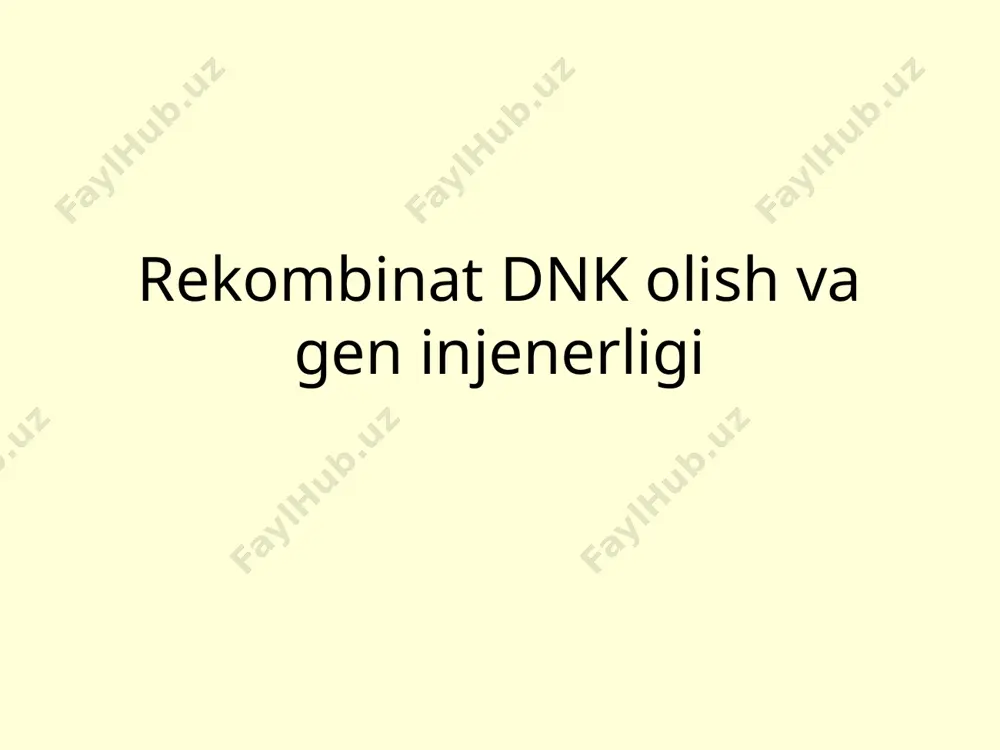 sligi yoki genetik muxandislik deb ataladigan va katta istiqbolga ega boʼlgan yangi sohani dunyoga keltirdi. gen muhandisligi - qisqacha aytganda, genlar ustida turli manipulyatsiyalar oʼtkazish, ularni toʼla oʼrganish asosida funksional qismlarga boʼlish, kerakli joyidan kesish, kerak emas qismini olib tashlash, kerak boʼlgan qismlarini boshqa genlardan yoki sintez yoʼli bilan olib ulash va shu usulda tayyorlangan duragay yoki rekombinant genni muvofiq organizmga kiritib (masalan odamning insulin genini mikrob hujayraga yoki sichqonning oʼsish gormoni genini kalamushga), zarur turlarni yoki preparatlarni sintez qilish va hokazo gʼoyalar va texnologiyalarning yigʼindisidir. dnk texnologiyasi - genetik injeneriya 1. har xil embrionlarni aralashtirish 2. allofen organizmlar olish 3. transplantasiyada foydalanish 1. oldindan belgilangan reja asosida genetik strukturalarni yaratish 2. yangi genetik dasturli organizmlarni yaratish darajalari: organizm hujayraviy gen somatik duragaylash gibridoma olish rak hujayrasi + limfosit boshqa organizm genomiga alohida genlarni kiritish dnk yoki rnk molekulasi va unga berkitilgan begona gen eng keng tarqalgan ti – plazmida …