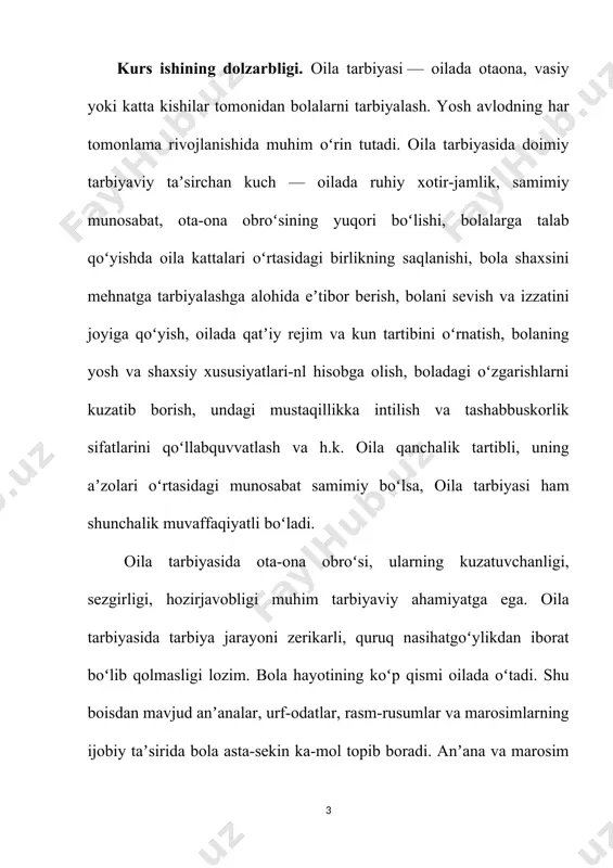 yon bo’ldi. ular xalqimiz turmush tarzining tarkibiy qismiga aylanib ketgan udumlar, urf-odat va an’analari, turli bayramlari, marosimlari, hattoki, do’ppisi, sumalagi, beshigini cheklab qo’yish uchun turli bahonalarni o’ylab topdilar va ustalik bilan amalga oshirdilar. kurs ishining obyekti. an’analarni o‘rganishda ular qanday tarixiy sharoitda va qaysi sinf tomonidan yaratilganinini, kimlarga xizmat qilganini, kimning manfaatini yoqlaganini va qaysi sinfning hukmronligini mustahkamlaganini ko‘ra bilishi kerak. kurs ishining predmeti. bola shaxsini kamolga yetkazish uchun kurashda oiladagi tarbiyaviy jarayonni pedagogic madaniyat asosida tashkil eta olish juda muhimdir. kurs ishining tarkibiy tuzilishi. kirish, asosiy qism, 4-pragraf, xulosa va foydalangan adabiyotlar ro'yxatidan iborat. 1. tarbiya jarayonida udumlar va an’analarning mazmuni aholining turmush tarzida qadimiy falsafiy, diniy, taqvimiy tasavvurlari hamda xo'jalik an'analari bilan bog'liq urf-odat, marosim va bayramlar mavjud. jamoaviy hayot o'zida turli an'analarni mujassam etgan. ular asrlar mobaynida ajdodlardan avlodlarga meros bo'lib kelmoqda. mazkur urf-odat va marosimlarni taqvimiy, mehnat, oilaviy va diniy kabi guruhlarga bo'lish mumkin. ushbu qadimiy …