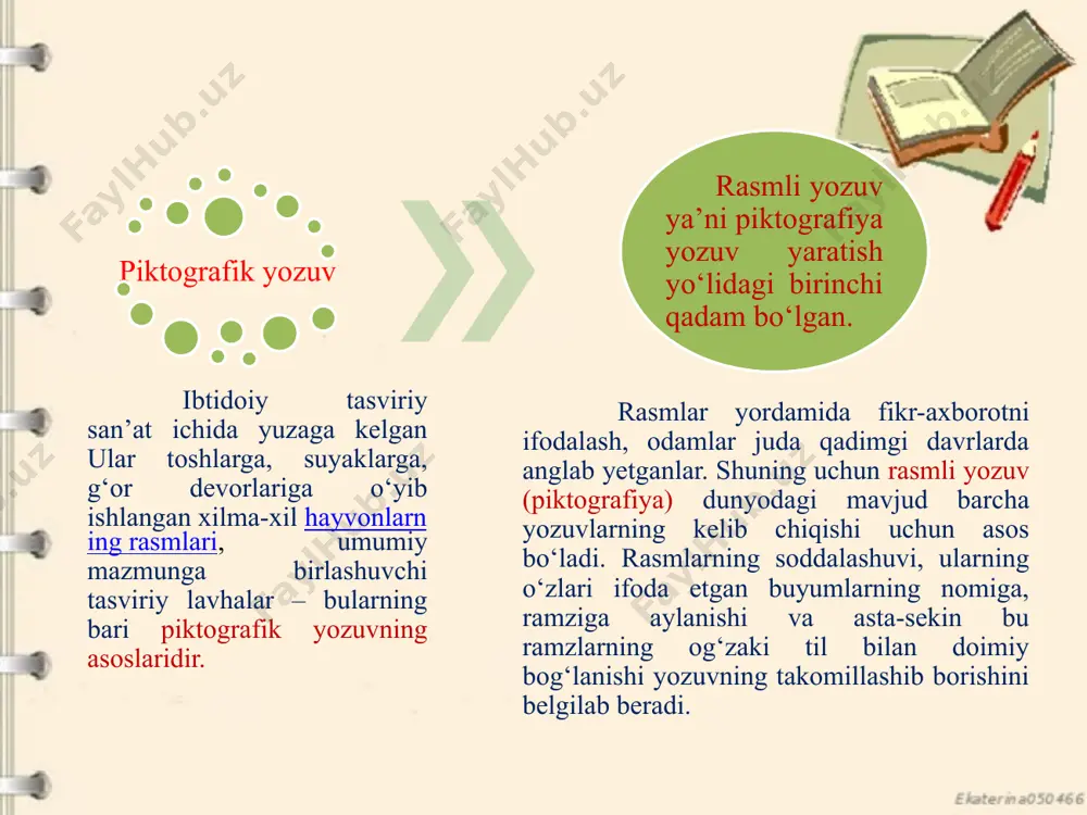 gidir. logografik yozuvning bir ko‘rinishi mixxatdir. bu yozuv qadimgi mesopotamiyada qo‘llanilgan. logografik (so‘z yozaman) yozuvning biroz mukammallashgan formasi ieroglifik yozuvdir (muqaddas yozuv). bu yozuv qadimgi arabistonga, hozirgi xitoyga xosdir. xitoy tilining to‘liq lug’atlarida qirq mingga yaqin ierogliflar qayd qilingan. hozirgi zamon matnlarida esa 2-5 ming atrofida ierogliflar qo‘llanadi. xitoy yozuvi dunyodagi noyob yozuvlardan biri bo‘lib, hozirgi zamon kishisi foydalanadigan yozuvlar orasida eng qadimiysidir (miloddan avvalgi xii asr). qadimgi misr ierogliflariga va shumer mixxatiga tengdosh bo‘lgan bu yozuv o‘ziga xos taraqqiyot yo‘liga ega bo‘lganligi uchun ham shu paytga qadar saqlanib kelmoqda. har bir ieroglif alohida bir so‘zni bildiradi. so‘zlar qanday ohangda talaffuz etilishiga qarab, mutlaqo boshqa-boshqa ma`noni bildiradi. so‘zlar past, balandlashib boruvchi, baland ohangga qarab uch xil ma`noni ifodalaydi. o‘zbek yozuvlari tarixi qadimiy turkiy yozuvi kirill yozuvi lotin yozuvi arab yozuvi markaziy osiyoda eng qadimgi davrlarda yashagan qabilalar to'g'risidagi dastlabki ma'lumotlar grek, eron, xitoy tarixchilari va yozuvchilari asarlarida, toshlarda bitib qoldirilgan …