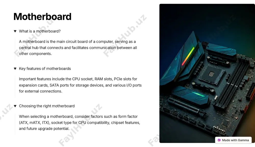 g challenges. manufacturers use various techniques, including heat pipes and strategically placed vents, to maintain optimal temperatures. 4 power efficiency laptop components are designed with power efficiency in mind to extend battery life. this often involves using lower- power versions of cpus and gpus compared to their desktop counterparts. https://gamma.app/?utm_source=made-with-gamma