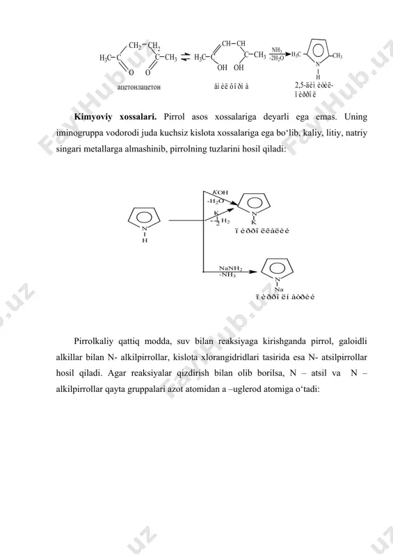 uralar bilan ifodalanadi: ii strukturadagi doiracha π – elektronlarning aromatik seksteti borligini bildiradi. piridin molekulasida π – elektronlar zichligining taqsimlanishi va yadrolar orasidagi masofalarning kattaligini aniqlash uning benzol bilan strukturaviy o‘xshashligini ko‘rsatadi. piridin halqasi deyarli to‘g‘ri oltiburchak bo‘lib, s-s bog‘larning uzunligi benzoldagi s-s bog‘larning uzunligiga yaqin, s-n bog‘ning uzunligi esa aminlardagiga nisbatan kichik: elektron zichliklarining yig‘indisi molekuladagi π- elektronlarning umumiy soniga teng, yani 0,822+0,947+0,947+0,849+0,849+1,586=6. azot uglerodga nisbatan kuchliroq elektr manfiy element bo‘lgani uchun yadroning elektron zichligini o‘ziga tortadi va natijada uglerod atomlaridagi elektronlar zichligi benzol molekulasidagi tegishli elektronlar zichligidan, yani 1 dan kamayadi. shuning uchun ham piridinning reaksiyaga kirishish qobilyati benzolga nisbatan kuchsiz. piridindagi 3-va 5-uglerod atomlarida (β- holatda π – elektronlarning zichligi birmuncha katta bo‘lganidan elektrofil shrin olish reaksiyalarida reagentlarning hujumi birinchi navbatda shu atomlarga qaratiladi. 2-, 4- va 6- uglerod atomlarida (a- va u –holatlar) esa elektronlar zichligi eng kichik, shuning uchun ham ular nukleofil o‘rin olish reaksiyalarga …