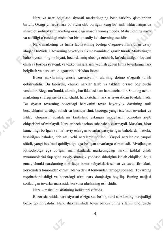 ibga solinadi. tovarning raqobatbardoshligi va bozordagi o‘rni narx darajasiga bog‘liq. buning natijasi sotiladigan tovarlar massasida korxona ulushining oshishidir. narx – mahsulot sifatining indikatori sifatida. bozor sharoitida narx siyosati o‘ziga xos bo‘lib, turli narxlarning mavjudligi bozor qonuniyatidir. narx shakllanishida tovar bahosi uning sifatini bildiruvchi muhim indikator sifatida namoyon bo‘ladi. tovar narxi qancha yuqori bo‘lsa, talab tushadi va aksincha, past narxda tovarga bo‘lgan talab oshadi. xarid qilish haqida qaror qabul qilishga tovar narxi miqdoriy ko‘rsatkich sifatida xizmat qilib, xarid budjetiga qarab u yoki bu narxdagi tovarni sotib oladi. har doim ham narx tovar sifatini obyektiv baholaydi, deb bo‘lmaydi. savdo do‘konlarining turiga qarab ishlab chiqaruvchidan olingan tovarlarga turli narxlar belgilanadi. supermarket, gipermarketlardagi tovar narxining oddiy kichik chakana savdo do‘konidagi narxlardan yuqoriligi yirik savdo markazlaridagi servisning yuqoriligi bilan izohlanadi. nima uchun tovar narxi uning sifatini o‘lchaydigan ko‘rsatkich sifatida namoyon bo‘ladi? bu quyidagilar bilan izohlanadi: 1. tajribalardan ma’lumki, yuqori narx tovar sifatini past narxga qaraganda …