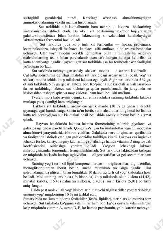 nish mahsulotlaridan: glitserin va turli xil yog‘ kislotalari, antitelalik xususiyat namoyon qiluvchi alfa-globulinlar hamda gamma-globulinlar uchraydi. qaysi oqsilning ko‘proq bo‘lishi sigirning fiziologik holati, bolalaganiga qancha vaqt bo‘lgan- .ligi, qanday oziq bilan boqilishi va zotiga bog‘liq- dir. sigir sutining tarkibida jami 3,5 % ga kadar oqsil mavjud. 2.og‘iz suti (jak) tarkibida immunoglobulinlarning miqdori ko‘p bo‘lib, ular o‘rtacha (mg/ml) hisobida: igc 57 ±8,6; igm—5,2+1,81 iga—5,4+1,8 ni tashkil etadi. ular sut bezlarida plazmatik hujayralar tomonidan sintezlanadi. etilgan sut tarkibida ularning miqdori nihoyatda ozdir. ular yangi tug‘ilgan mollarda passiv immunitetlik vazifasini o‘taydi. shuning uchun ham yangi tug‘ilgan buzoqlarga og‘iz sutidan ko‘proq ichirilishi ularning turli xil kesalliklarga chidamliligini oshi- radi. og‘iz suti, ya’ni jak tarkibida kazeinogen kalsiy fosfatli komplekslar holatida bo‘lib, kislotali muhitga o‘tganda tezda parchalanib ketish xususiyatiga ega. beta-laktoglobulin oqsili faqatgina kavsh qayta- ruvchi hayvonlar suti tarkibida uchraydi va uning ikki turi — a va v shakllari ma’lum bo‘lib, tarkibida erkin sulfogidril guruhlarini tutadi. …