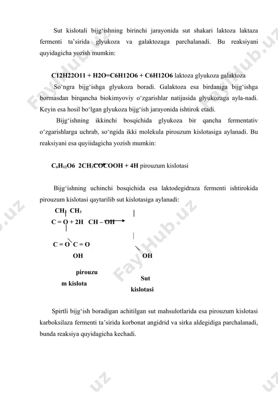 lar, spirtlar, karbonat angidrad gazi va boshqa moddalar ham hosil bo‘ladi. sut kislotali bijg‘ish natijasida hosil bo‘lgan sut kislotasi kazeinkalsiy tuzi bilan reaksiyaga borib, undan kalsiyni ajratib oladi va natijada kazein erkin holatga o‘tadi. rnh2(coo)6ca3 + 6ch3chohcooh 3(ch3chohcoo)2ca + rnh2(cooh)6 kazein-kalsiy tuzidan kalsiy ajatilishi natijasida kazein koagulyatsiyaga uchraydi. bu hodisani quyidagicha izohlash mumkin. sut kislotasining hosil bo‘lishi vodorod ionlar konsentratsiyasining ko‘payishini keltirib chiqaradi va shu bilan bir qatorda kazein qismlarining elektrozaryadi ham o‘zgaradi. kazein qismlarining sirtida poyensial kamayadi, bu esa kazein bo‘lakchalarining bir-biri bilan birikishiga qarshi ta’sir ko‘rsatadi. natijada sutda vodorod ionlari konsentratsiyasi kazeinning izoelektrik nuqtasigacha (rn=4,6) ko‘tariladi. bunday sharoitda kazein sirtida musbat va manfiy zaryadlar tenglashadi. bu esa kazein qismlarining elektroneytrol holatga o‘tishini ta’minlaydi. natijada zaryadlardan xoli bo‘lgan kazein bo‘lakchalari bir-biri bilan birlashib, monolit massa kazein quyqasini hosil qiladi. yuqori harorat va nordonlik zich quyqa hosil bo‘lishini ta’minlaydi. lekin, bu jarayonning aksi, ya’ni sinerezis hodisasi ham ro‘y berishi mumkin. …