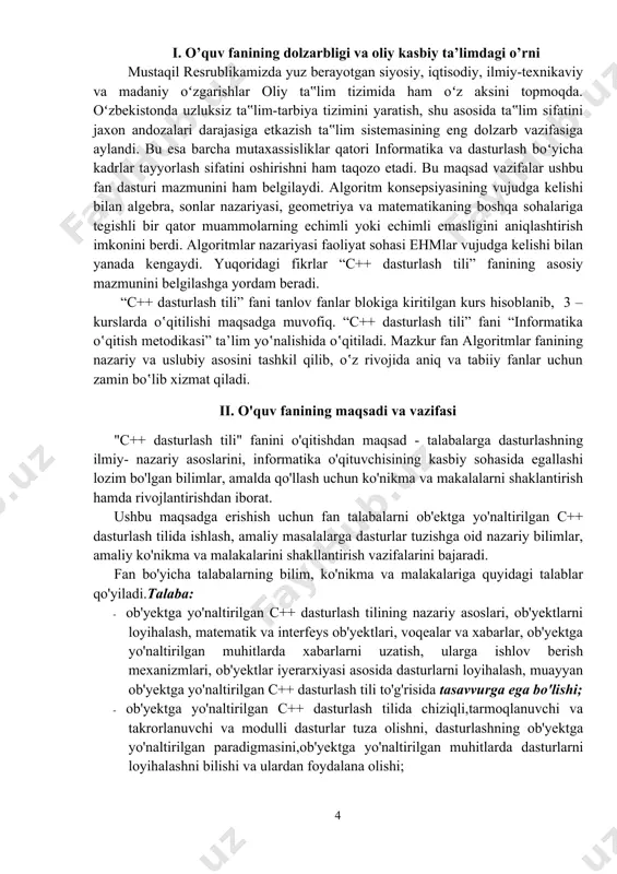 - yozish funksiyalari. fayldan o'qish-yozish funksiyalari. formatli o'qish va yozish funksiyalari. fayl ko'rsatkichini boshqarish funksiyalari. 7-mavzu. c++ tilida manipulyator va formatlash bayroqchalari. c++ tilida kiritish va chiqarishni formatlash. kiritish va chiqarish oqimi formatlash funksiyalari. kiritish va chiqarish oqimida formatlash bayroqchalari. 8-mavzu. c++ tilida istisnolar. c++ tilida istisnolar. istisno turlari. istisnolar sinfi ierarxiyasi. c++ da istisnoli holatlarni boshqarish. c++ da istisnolarni qayta ishlash. c++ da istisnolarni generatsiyalash. iv. amaliy mashg’ulotlar mazmuni 1 - bo’lim. с++ dasturlash tiliga kirish 1-mavzu. c++ dasturlash tilida o'zgaruvchlar va ma'lumot toifalari. с++ dasturlash tiliga kirish. с++ dasturlash tili alifbosi va xizmatchi so'zlari. amallar. izohlar satrini tavsiflash. с++ tilida operatorlar. o'zgaruvchilar. identifikatorlar. ma'lumotlar tipi. o'zgaruvchilarni e'lon qilish. o'zgaruvchilarni initsializatsiya qilish. 2-mavzu. c++ dasturlash tilida shart va takrorlanuvchi operatorlar. с++ dasturlash tilidagi operatsiyalar. arifmetik operatorlar. taqqoslash operatorlari. shartli operatorning qisqa ko'rinishi. shartli operatorning uzun ko'rinishi. tanlash operatorlari. sikl operatorlari. uzish break operatori. umumiy takrorlanish algoritmlari va ichma-ich takrorlanishlar. …