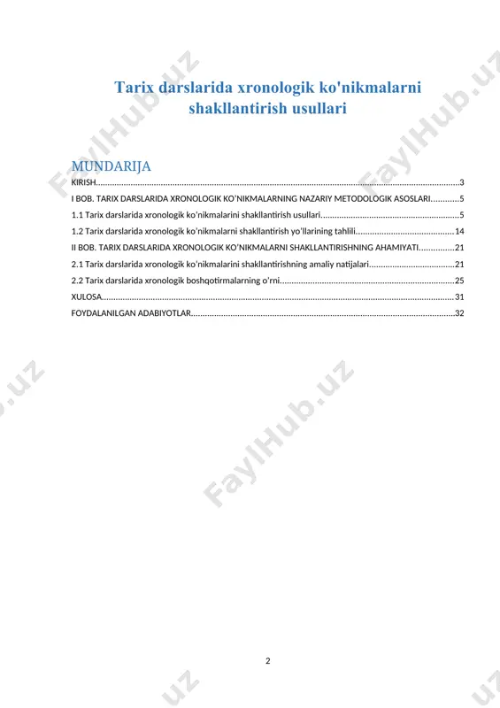 larni tarixiy voqealarni to'g'ri ketma-ketlikda tartibga solishga chaqirish uchun xronologik tartiblash mashqlaridan foydalanishlari mumkin. ushbu amaliy yondashuv talabalarni voqealar o'rtasidagi vaqtinchalik munosabatlarni tanqidiy tahlil qilishga, ularning tashkiliy qobiliyatlari va tarixiy aniqligini oshirishga majbur qiladi. yana bir qimmatli strategiya turli tarixiy davrlarni solishtirish va qarama-qarshi qo'yishni o'z ichiga oladi. davrlar orasidagi qarama-qarshiliklarni o'rganish orqali o'quvchilar naqshlarni aniqlashga, parallelliklarni chizishga va turli vaqt davrlarini belgilaydigan davomiylik va o'zgarishlarni tushunishga da'vat etiladi. bu qiyosiy tahlil nafaqat o‘quvchilarning tarixiy kontekstlar haqidagi tushunchalarini boyitibgina qolmay, balki ularda umumiy mavzularni ajratib ko‘rsatish va mazmunli xulosalar chiqarish qobiliyatini ham rivojlantiradi. kurs ishining maqsadi va vazifalari. tarix darslarida xronologik ko'nikmalarni oshirish uchun o'qituvchilar turli xil samarali usullar va strategiyalardan foydalanishlari mumkin. ushbu usullardan ba'zilari: 1. vaqt jadvallaridan foydalanish: talabalarni xronologik tartibni va voqealar o'rtasidagi o'zaro bog'liqlikni tasavvur qilish uchun tarixiy voqealarning vaqt jadvallarini yaratishga undash. 2. xronologik saralash mashqlari: talabalarga tarixiy voqealarni to'g'ri xronologik ketma-ketlikda joylashtirishlari kerak bo'lgan …