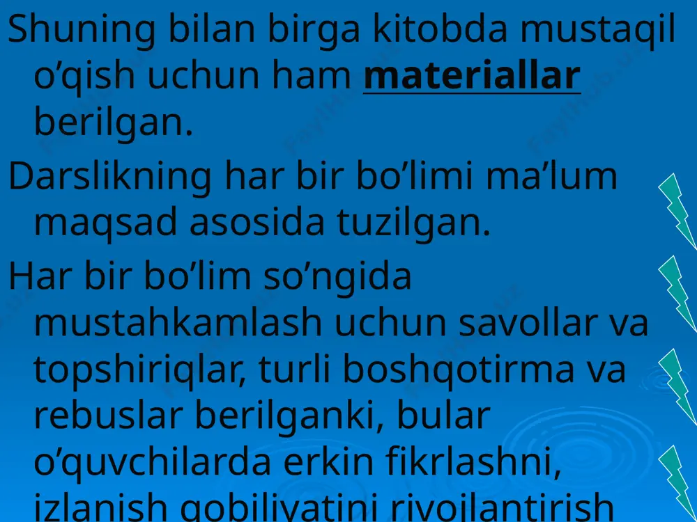 stida ishlaganda mavjud savol va topshiriqlardan foydalanadi. u matnni avval ifodali qilib o’qib beradi. keyin matn mazmuni ustida suhbat uyishtiradi. bunda o’qituvchi savollar va tasviriy vositalardan foydalanadi. o’quvchilarning o’zlariga ovoz chiqarmay o’qish, mazmunini tushunish topshiriladi. keyin navbatma - navbat o’qitiladi. lug’at ustida ishlab, yangi so’zlarning ma’nosi tushuntiriladi, o’quvchilarning lug’at boyligini oshorishga e’tibor qaratiladi. oxirida savol – javob, test, boshqotirma, rebus yechib o’quvchilar umumlashtiriladi, reytingi e’lon qilinadi. образец текста второй уровень третий уровень четвертый уровень пятый уровень xulosa qilib aytganda, o’qish darslarining asosiy vazifalari quyidagilar: to’g’ri, tez, ongli va ifodali o’qishga o’rgatish. o’qish malakalarini takomillashtirish. o’qish darslarida o’quvchilarni axloqiy tarbiyalash va bilimni rivojlantirish vazifalarini aniq belgilash, dunyoqarashini shakllanirish. shu bilan birga ekologik, estetik, mehnat, iqtisodiy va huquqiy tarbiya berish. o’quvchilarda ijodiy tasavvur, nutq va tafakurni o’stirish. qadim –qadimdan ardoqlanib kelingan kitobga mehr – muhabbatni tarbiyalash, uni e’zozlashga o’rgatish. o’quvchilarni mustaqil fikrlashga, fikrlarni erkin bayon etishga o’rgatish. образец текста второй уровень третий …