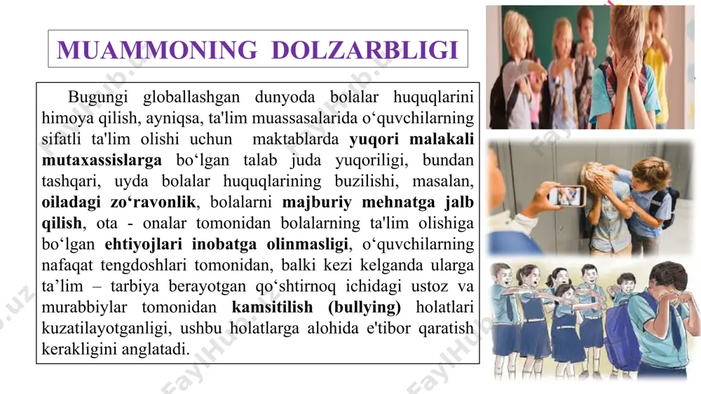 ilgan imkoniyatlardan kelib chiqib, tuman miqyosida, kelgusida viloyat miqyosida maktab reytingini oshirish. 3. “bolalar – bizning ertangi sudyalarimizdir.” maksim gorkiy xulosa ota – onalar farzandlari oldidagi ma’suliyatlarini chuqur anglab yetishlari, buning uchun esa ular bilan doimiy hamkorlikni yo‘lga qo‘yish. ta’lim muassasasida hamkorlikda faoliyat olib borayotgan subyektlarning teng huquqliligi va ma’suliyatini oshirish. o‘quvchilar o‘rtasida o‘zaro hurmat, bir maqsad sari intilish ko‘nikmalarini shakllantirish tizimini tashkil etish. maktab o‘z oldiga qo‘ygan funksiyasini to‘laqonli bajarishga, sifatli ta’lim – tarbiya berish va o‘quv jarayonlarini zamon talablariga moslab borishi. e’tiboringiz uchun rahmat! image5.jpeg image6.jpeg image7.jpeg image1.png image2.png image3.png image4.png image8.jpg image9.jpeg image10.png image11.png image12.png image13.jpeg image14.png image15.jpeg image16.jpg image17.jpg image18.jpg /docprops/thumbnail.jpeg