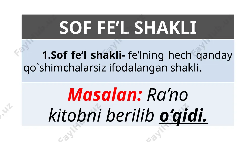 llar fe’l zamonlari deb ataladi. o’tgan zamon fe’llari nutq paytidan oldin bajarilgan yoki bajarilmagan ish-harakatni bildiradi: yozdi, keldi, bordi. kelasi zamon fe’llari nutq paytidan keyin yuz beradigan yoki yuz bermaydigan harakat-holatni bildiradi va fe’l asosida –moqchi, (a)r, -a, -y qo’shimchalarini qo’shish va tuslash yordamida hosil qilinadi: bormoqchiman, kelmoqchimiz, borarman, kelarsan, o’qirsan, keladi, o’qiydi. hozirgi zamon fe’llari nutq paytining o’zida yuz berayotgan yoki yuz bermayotgan harakat-holatni bildiradi va –yap, -moqda, -(o)yotir, -(a)yotib qo’shimchalaridan so’ng –man, -san, -miz, siz, -di(lar) qo’shimchalarini qo’shish yordamida hosil qilinadi: kelyapman, bormoqdasan, yozayotirmiz, olayotirsiz. hozirgi zamon fe’llari nutq paytidan o’tgan yuz bergan yoki yuz bermagan harakat-holatni bildiradi: bordim, bordi, borgan, o’qigan, kelgan. fe’lning shaxs-son shakllari shaxs birlik ko’plik 1-shaxs yozdim, yozaman, yozay(in) eozdik, yozamiz, yozaylik 2-shaxs yozding, yozasan, yoz(gin) yozdingiz, yozasiz, yozing(iz) 3-shaxs yozdi, yozadi, yozsin yozdilar, yozadilar, yozsinlar fe’lning ma’no turlari nomi ekmoq ijod qilmoq gapirmoq fikrlamoq yurmoq qizar-moq aqliy faoliyat nutqiy faoliyat jismoniy faoliyat holat …