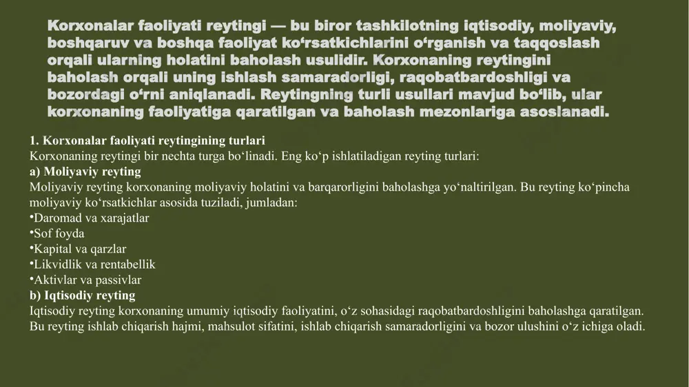 kichlar korxonaning moliyaviy qobiliyatini va qarz majburiyatlarini bajara olish salohiyatini ko‘rsatadi. qarzga nisbatan umumiy koeffitsient (debt to equity ratio): qarzga nisbatan umumiy koeffitsient=umumiy qarzlar/sahibkarlik kapitali bu ko‘rsatkich korxonaning qarzga bo‘lgan qaramligini o‘lchaydi. qarz va foizlarni qoplash koeffitsienti (interest coverage ratio): interest coverage=ebit/foiz to’lovlari bu ko‘rsatkich korxonaning o‘zining foiz to‘lovlarini qoplash qobiliyatini ko‘rsatadi. d) faoliyat samaradorligi ko‘rsatkichlari bu ko‘rsatkichlar korxonaning aktivlaridan qanday samarali foydalanayotganini baholashda qo‘llaniladi: aktivlar aylanishi (asset turnover): aktivlar aylanishi=daromad/aktivlar bu ko‘rsatkich korxonaning aktivlarini qancha samarali ishlatayotganini ko‘rsatadi. inventarizatsiya aylanishi (inventory turnover): inventarizatsiya aylanishi=sof daromad/zaxira bu ko‘rsatkich korxonaning inventarizatsiyasini qanchalik tez aylantirayotganini ko‘rsatadi. 2. ko‘rsatkichlarni aniqlash usullari moliyaviy holatni reyting baholashda quyidagi usullar qo‘llaniladi: a) analitik usul bu usulda moliyaviy ko‘rsatkichlar va tahlil metodlari yordamida korxonaning moliyaviy holati baholanadi. analiz qilish uchun moliyaviy hisobotlar, balanslar, foyda va zararlar hisobotlari, naqd pul oqimlari va boshqa ma'lumotlar ishlatiladi. tahlil ko‘rsatkichlari orasida rentabellik, likvidlik va qizil chiziqlarni aniqlash orqali chuqur tahlil o‘tkaziladi. …