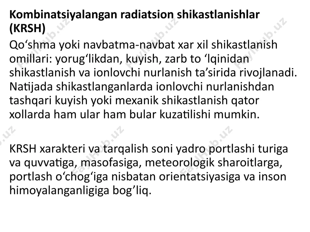 onal zo‘riqishlar profilaktikasi borasidagi kurash); 4. simptomatik yordam ko‘rsatish vositalari; 5. organizmning nospetsifik rezistentligini oshiruvchi vositalar; o‘nk davolash kompleksli amalga oshirilib, kasallik turi, davri, og'irlik darajasi inobatga olinib kasallikni asosiy sindromlarini bartaraf qilishga yo‘naltiriladi. shuni yodda tutish kerakki o‘nk suyak ko‘mik formasini davolash mumkin, kasallikni atipik turlarini (ichak, tomirli-toksemik va serebral) tuzalish rejasi bo‘yicha, hozirgi kunda butun dunyoda natijasizdir. nurlanish dozasi (10-80 gr) bo‘lganda o‘nk ichak yoki tomirli-toksemik turlarini chaqirganda birlamchi reaksiya davridayoq oldingi qatorga ichakni shikastlanish belgilari chiqadi, bu erta birlamchi nurlanishli gastroenterokolit deb nomlanadi. shoshilinch yordam kompleksi bu xollarda qusish va organizm suvsizlanishi bilan kurash olib borish talab qilinadi. qusish paydo bo‘lganda metoklopramid eritmasini (2%-l ml) yoki aminazin (0.5%- 1ml) qo‘llash tavsiya qilinadi. shuni yodda tutmoq zarurki bu vositalami kollapsda qo‘llash qarshi ko‘rsatmadir. 0 ‘nk ichak formasida ich ketish va qusishni bartaraf qilishda metoklopramidni qo‘llash yaxshi natija beradi. bu vosita qusishga qarshi ta’sirdan tashqari og‘riqsizlovchi va tinchlantiruvchi ta’sirga …