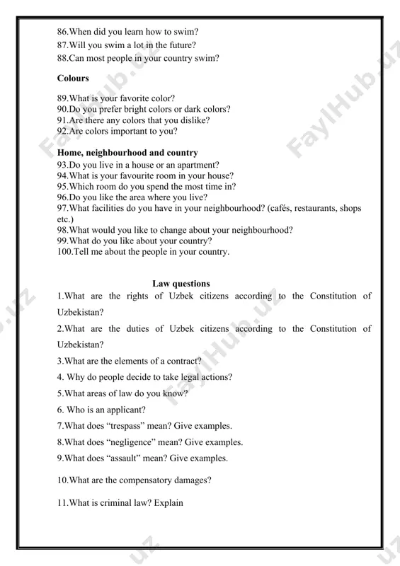 s of law? 25. explain differences between solicitors and barristers? 26. what is a formal language? when is it used? 27. elements of typical employment contract? 28. what types of contract do you know? 29. which legal jobs do you prefer and why? 30.explain the process of starting claim. 31. which collacations related to the language of banking do you know? 32. the role of communication skills in law sphere? 33.what is the law of tort? 34. what is “contract law”? 35.who can be parties to a contract? 36. what common parts does a contract consist of? 37.what is a negotiation? what types of negotiations do you know? 38. what types of crime do you know? 39.what are the basic requirements for formation of a contract? 40. how are laws created in uzbekistan? 41.what are the important heads of tort law? 42. what is difference between trespass to land and …