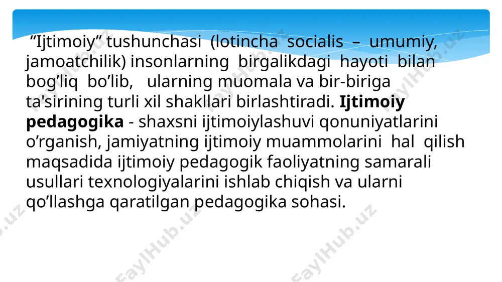 1. mustaqil o`zbekistonda shakllanayotgan pedagogika fanining yangi qirralaridan biri sifatida ijtimoiy pedagogika fani xaqida tushunchalar berish va ularni ijtimoiy hayot bilan qiyosiy o`rganish; 2. ijtimoiy muhit va shaxsning ijtimoiylashuviga doir qonuniyatlar; 3. ijtimoiy pedagogning kasbiy faoliyatining o`ziga xos spetsifik xususiyatlari, ilmiy-tadqiqot metodlari haqida tushunchalar berishdan iboratdir. dastur shu vazifalarni hal etishga qaratilgan beshta bo`limdan iborat: 1. ijtimoiy pedagogikaga kirish. 2. ijtimoiy pedagogika asoslari. 3. ijtimoiy pedagogik jarayon. 4. ijtimoiy pedagog va uning kasbiy faoliyati. 5. ijtimoiy pedagogik tashhis. ijtimoiy pedagogikani va ijtimoiy-pedagogik faoliyat rivojining metodologik asoslari quyidagilar hisoblanadi: 1.bozor munosabatlarini shakllantirish va jamiyatni demokratiyalashtirish sharoitida davlatning kuchli ijtimoiy siyosati. bu siyosatning asosiy yo’nalishlari i.karimov asarlarida va davlat dasturiy hujjatlarida ko’rsatilgan. 2.aholining eng kam ta’minlangan qatlamlarini ijtimoiy himoya qilish choralari to’g’risidagi hukumat farmoyishlari, qonun, farmonlarni hayotga tatbiq etish. 3.o’zbekiston respublikasining ijtimoiy pedagogik konsepsiyasi. 2017 yilda amalga oshiriladigan tadbirlar tufayli xalq ta’limi vazirligi, oliy va o’rta maxsus ta’lim vazirligi, moliya vazirligi, davlat …