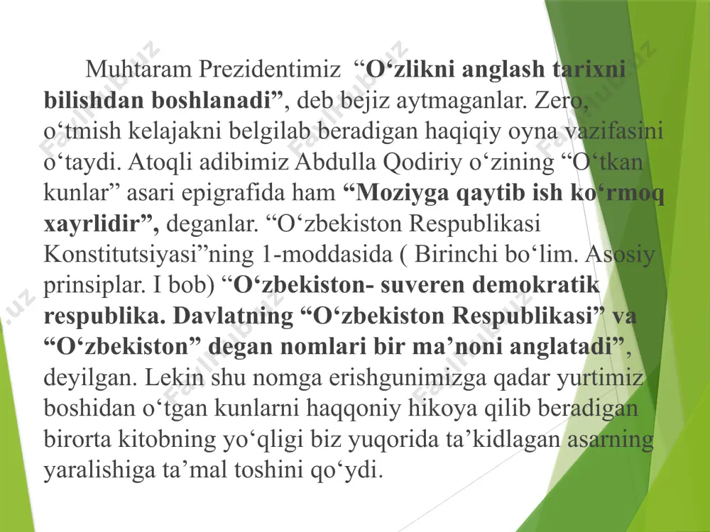 akati haqida gapirgandim. o’sha harakatning namoyandalari boylik uchun, shon-shuhrat uchun maydonga chiqishdimi? mahmudxo’ja behbudiy, munavvar qori, fitrat, tavallolarga maktab ochganlari, xalqni o’z haq-huquqlarini tanishga da’vat etganlari uchun birov maosh to’laganmi? birov ularga oylik berganmi? albatta, yo’q! ular o’t bilan o’ynashayotganlarini, istibdodga qarshi kurashayotganlari uchun ayovsiz jazolanishlarini oldindan yaxshi bilishgan. bilaturib, ongli ravishda mana shu yo’ldan borganlar. chunki, vijdonlari, iymonlari shunga da’vat etgan. tarixiy ildizini izlagan odam, albatta, bir kun mana shunday savollarga duch keladi va, aminmanki, to’g`ri xulosalar chiqaradi. tarixiy xotirasi bor inson - irodali inson. takror aytaman, irodali insondir. kim bo’lishidan qat’i nazar, jamiyatning har bir a’zosi o’z o’tmishini yaxshi bilsa, bunday odamlarni yo’ldan urish, har xil aqidalar ta’siriga olish mumkin emas. tarix saboqlari insonni hushyorlikka o’rgatadi, irodasini mustahkamlaydi. olimlarimiz tariximizning turli davrlariga doir risolalar yozishmoqda, tarixiy mavzuda yirik nasriy, nazmiy, sahna asarlari yaratilmoqda. ommaviy axborot vositalari ma`naviy qadriyatlarimizni keng targ`ib qilayotgani, suhbatlar, muloqotlarda fikrlar rang-barangligi paydo bo`layotgani diqqatga …