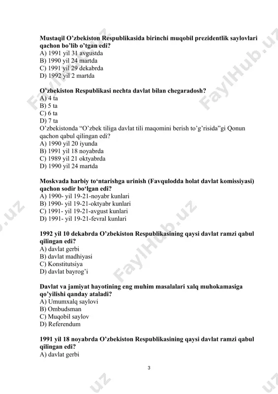 ikasi konstitutsiyasiga qanday o‘zgartirish kiritiladi? + referendum orqali oliy majlis yig‘ilishida senat yig‘ilishida oliy kengash yig‘ilishida davlat hokimiyati necha bo‘g‘inga bo‘linadi? a) 1 b) 2 c) 3 d) 4 o‘zbekiston milliy taraqqiyot yo‘li bu – a) bozor munosabatlariga asoslangan huquqiy demokratik davlat qurish b) o‘z milliy xususiyatlarini saqlab qolish c) jahon bozoriga chiqish d) ijtimoiy himoyani mustahkamlash o‘zbekstonning mustaqil taraqqiyot yo‘li bugungi kunda nima deb nomlanadi? a) o‘zbek modeli b) bozor iqtisodiyoti c) demokratik jamiyat d) konstitutsiyaning ustivorligi “o‘zbek modeli” nechta tamoyil asosida joriy etilgan? a) 3 b) 6 c) 5 d) 7 taraqqiyotning “o‘zbek modeli” ning asoschisi – a) m.s.gorbachev b) r.nishonov c) v.elsin d) i.a.karimov taraqqiyotning “o‘zbek modeli” qaysi yili ilgari surilgan? a) 1996 yilda b) 1990 yilda c) 1992 yilda d) 1991 yilda mustaqil o’zbekiston respublikasida ikkinchi prezidentlik saylovlari qachon bo’lib o’tgan edi? a) 1991-yil 29-dekabrda b) 2000-yil 9-yanvarda c) 2007-yil 23-dekabrda c) 2015-yil 29-martda qaysi yillarda …
