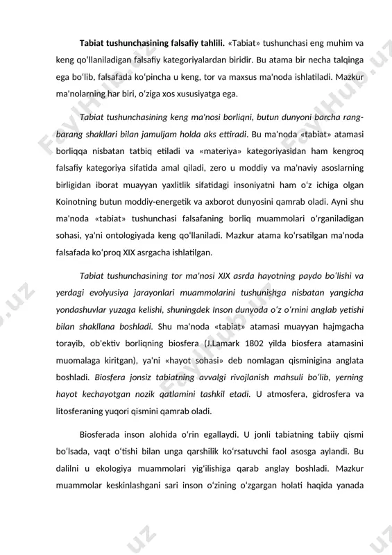 faol asosga aylandi. bu dalilni u ekologiya muammolari yig‘ilishiga qarab anglay boshladi. mazkur muammolar keskinlashgani sari inson o‘zining o‘zgargan holati haqida yanada teranroq mulohaza yuritib, tabiat va jamiyatning o‘zaro aloqasi masalasini ilmiy, falsafiy va amaliy nuqtai nazardan yechishga harakat qila boshladi. shu ma'noda, tabiat insonni qurshagan muhitni, ya'ni borliqning biosferadan biologik tur sifatida o‘rin olgan insonning mavjudlik sharoitlari majmui sifatida amal qiladigan qismini anglata boshladi. shunday qilib, tabiatni o‘rganishga nisbatan odatdagi yondashuvlar «biosfera va inson» murakkab tizimining tahlili va uni falsafiy anglab yetish hisobiga sezilarli darajada kengaydi, «tabiat» atamasi yangicha, yanada teranroq mazmun kasb etdi. bu avvalo jamiyatning atrof muhit bilan o‘zaro munosabatlari, xususan iqtisodiyot, ijtimoiy hayot sohasidagi faol fundamental tadqiqotlar mahsuli bo‘ldi. shu sababli «tabiat» atamasining mazkur ma'nosi ijtimoiy falsafada ayniqsa ko‘p ishlatiladi va odamlar yashaydigan tabiiy muhitni ham, inson qo‘llari bilan yaratilgan (o‘zgartirilgan) sun'iy muhitni ham qamrab oladi. boshqacha aytganda, ayni holda o‘zaro bog‘liqlik va birlikda inson yashaydigan …