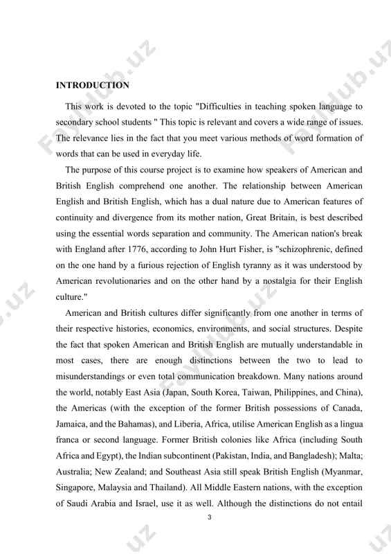ependence and prominence of the united states, the difference between the two cultures is not complete. the subject and object of the course work. british and american english have some spelling differences. they also have different words. some everyday objects have different names depending on which version of english you use. the task of investigation: there are certain grammatical differences between british and american english. for example, in american english, collective nouns are considered singular. this course work, to a certain extent, served the fulfillment of tasks provided by a number of normative-legal acts such as the decree of the president of the republic of uzbekistan up-4947 "on the strategy of actions for further development of the republic of uzbekistan" dated february 7, 2017. decree of the president of the republic of uzbekistan pp-2909 of measures for further development of the system of higher education" of april 20, 2017, decree …