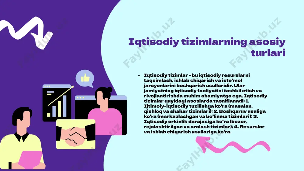 hashliklar mavjud. bozor tizimining afzalliklari tezkor javob berish: bozor tizimi talab va taklifga asoslangan tezkor o'zgarishlarga ega. bu, iste'molchilarning ehtiyojlariga tezda javob berish imkonini beradi va bozor sharoitlariga moslashishni osonlashtiradi. innovatsiyalar: raqobat bozor tizimida muhim rol o'ynaydi, chunki kompaniyalar o'z mahsulot va xizmatlarini yaxshilashga harakat qilishadi. bu esa yangi g'oyalar va texnologiyalarni rivojlantirishga olib keladi. resurslarni samarali taqsimlash: bozor tizimi resurslarni iste'molchilarning ehtiyojlariga asoslangan holda taqsimlaydi, bu iqtisodiy samaradorlikni oshirishga yordam beradi. rejalashtirilgan tizimning afzalliklari rejalashtirilgan iqtisodiy tizim davlat tomonidan ijtimoiy barqarorlikni ta'minlaydi. ijtimoiy ta'minot va yordamlar orqali fuqarolarni himoya qilish maqsadida davlat ko'p jihatlarni rejalashtiradi. davlat resurslar taqsimotini rejalashtiradi, bu esa strategik yo'nalishlar belgilash imkonini beradi. iqtisodiy rivojlanish davlatning belgilangan iqtisodiy maqsadlari va rejalari asosida amalga oshiriladi, bu esa iqtisodiy o'sishni ta'minlaydi. bozor va rejalashtirilgan tizimlar farqlari boshqaruv bozor tizimida xususiy sektor iqtisodiy faoliyatni boshqaradi, ya'ni ishlab chiqarish va taqsimot jarayonlari xususiy mulk egalari tomonidan amalga oshiriladi. rejalashtirilgan tizimda …