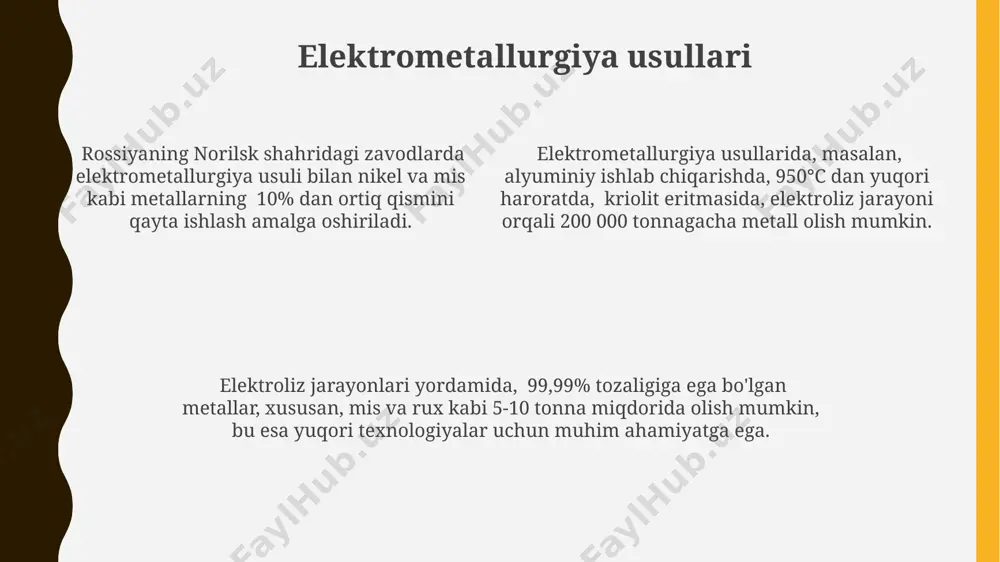 olvent ekstraksiyasi solvent ekstraksiyasi jarayonida, masalan, misni 90% dan ortiq samaradorlik bilan ajratib olish uchun, organik erituvchi sifatida lix 84-i kabi reagentlar chili va peruda keng qo'llaniladi. solvent ekstraksiyasi texnologiyasida, turli metallarning (masalan, kobalt va nikelning) ajratilishi selektivligi ph ning 2-4 oralig'ida o'zgarishi bilan boshqariladi va bu jarayon janubiy afrikaning nikel konlarida samarali ishlatiladi. solvent ekstraksiyasi, 20-30% li metall konsentratsiyasi olinganidan keyin, qoldiq eritmalarni tozalash uchun ham qo'llaniladi, bu esa atrof-muhitga ta'sirni kamaytirishga yordam beradi, masalan, kanada konlarida. ion almashinuvi ion almashinuvi jarayonida, 5-10 ph oralig‘ida ishlatiladigan kuchli kislotali yoki ishqoriy ion almashtiruvchi smolalar, metallarning selektiv ravishda ajratib olinishiga imkon beradi, shu bilan birga qimmatbaho metallarning yo‘qotilishini kamaytiradi. ion almashinuvi usuli yordamida, masalan, 1000 tonnagacha bo‘lgan uran rudalarini qayta ishlashda, aqshning oak ridge milliy laboratoriyasida ishlab chiqilgan maxsus ion almashtirgich kolonnalari qo‘llaniladi. rossiyada, oltinni qayta ishlashda, ion almashinuvi texnologiyasi 99,99% soflikdagi oltin olish imkonini beradi va bu jarayon, 20-30% gacha …
